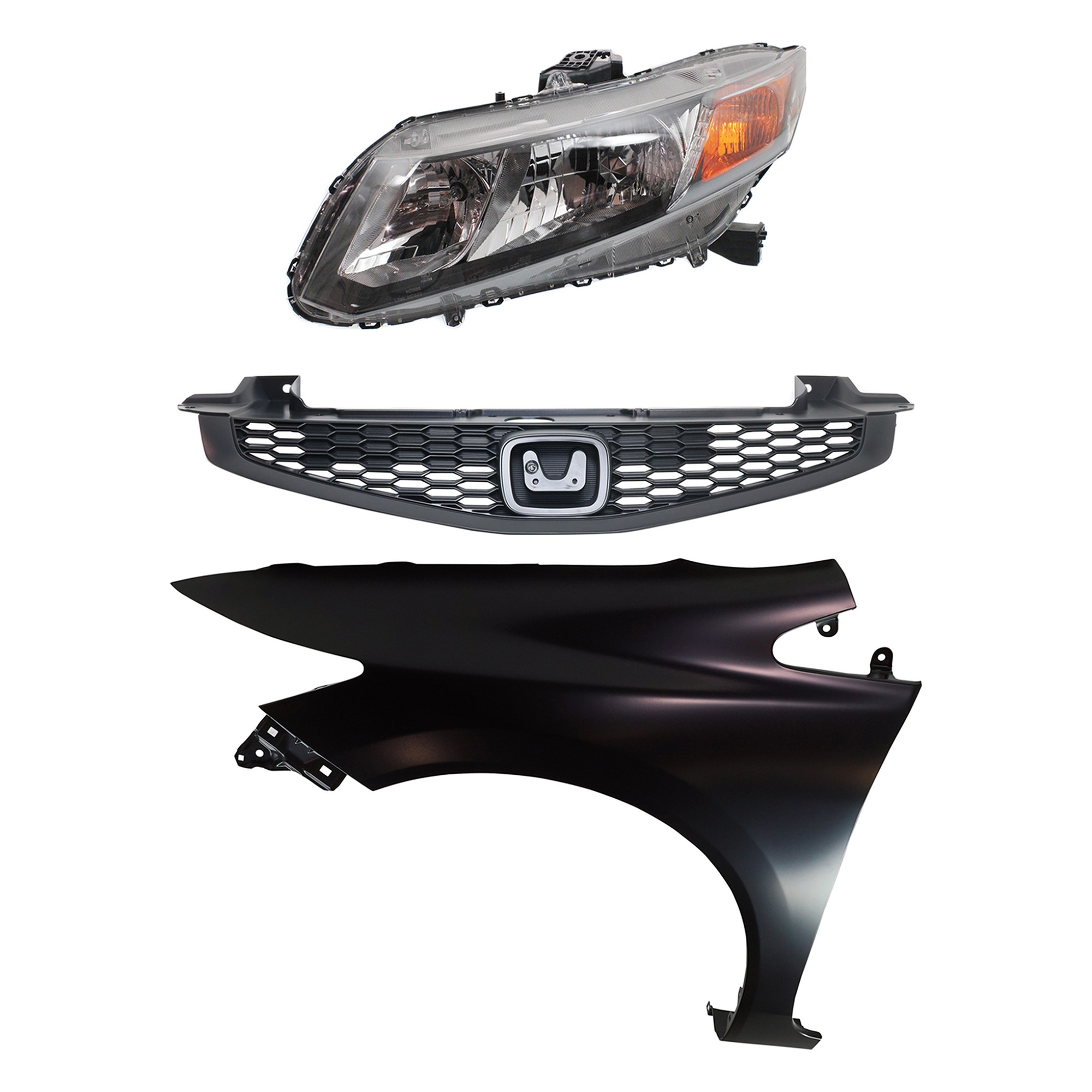 Headlight Assembly for 2012-2012 Honda Civic, Left (Driver), Halogen, 3-Piece Kit with Fender and Grille, Replacement