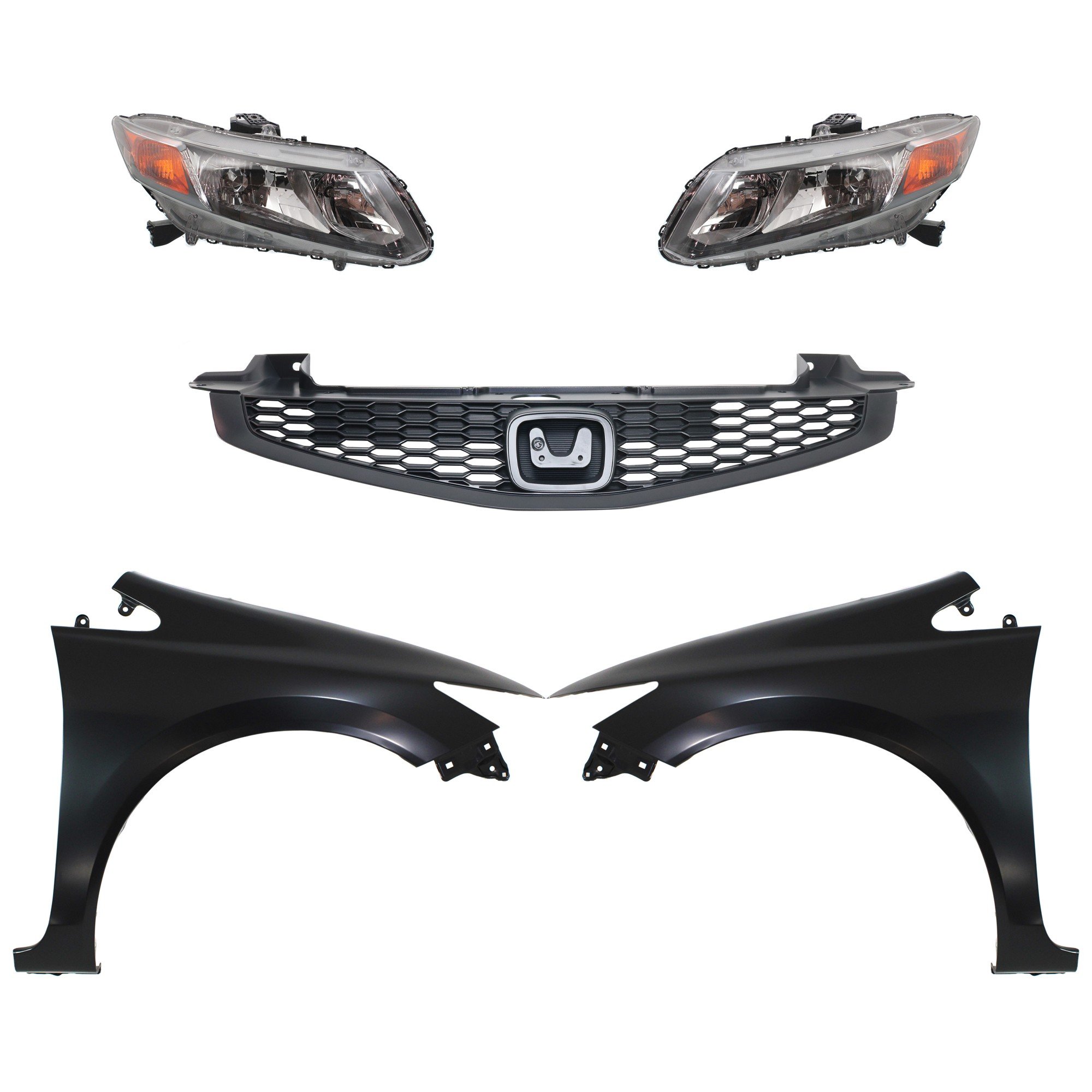 Headlight Assembly Kit for Honda Civic 2012-2012, Left (Driver) and Right (Passenger), Halogen, 5-Piece Kit includes Fenders and Grille - Replacement