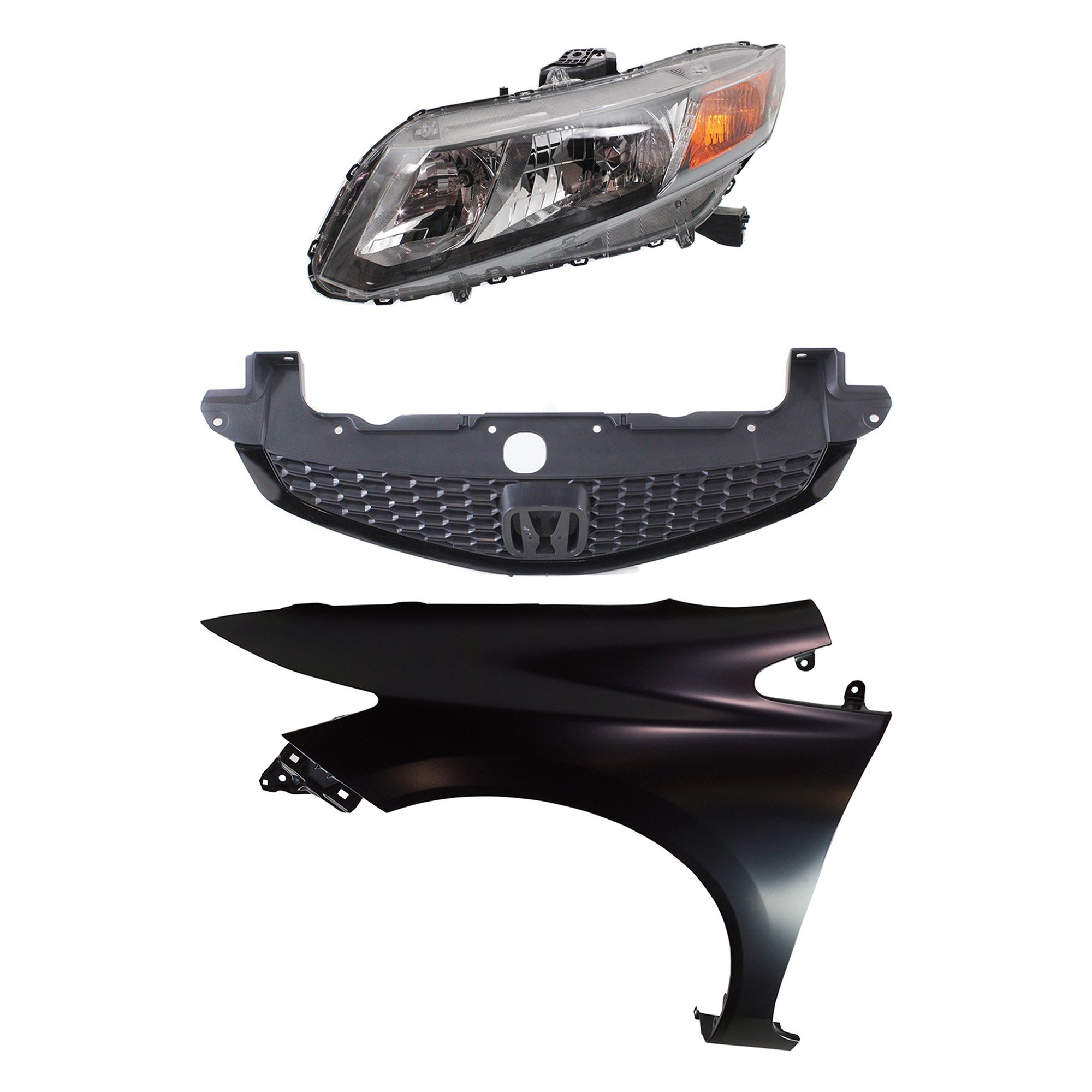 Headlight Assembly Kit for 2012 Honda Civic, Left (Driver) Side, Halogen, 3-Piece with Fender and Grille, Replacement