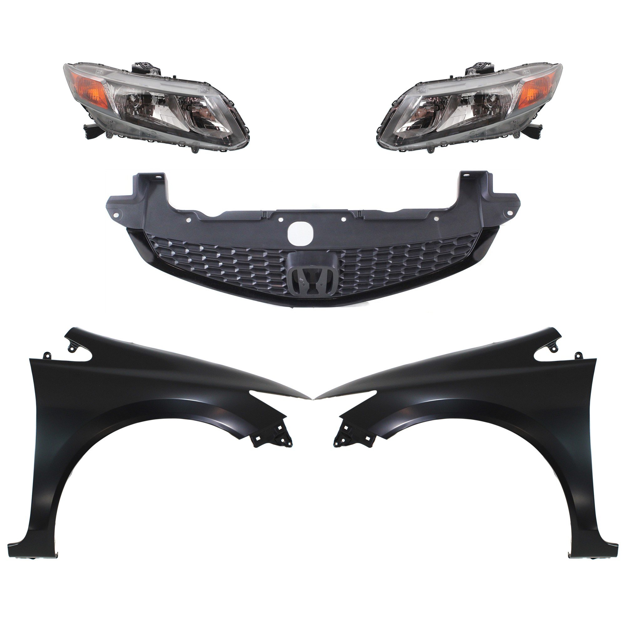 Headlight Assembly Kit for 2012-2012 Honda Civic, Right (Passenger) and Left (Driver) Side, Halogen, 5-Piece Set with Fenders and Grille, Replacement