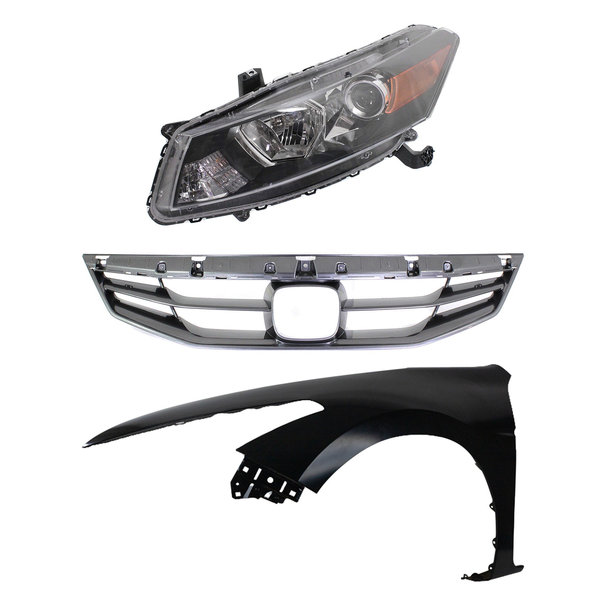 Headlight Assembly Kit for 2011-2012 Honda Accord, Left (Driver) Side, Halogen, 3-Piece Set with Fender and Grille Assembly Replacement