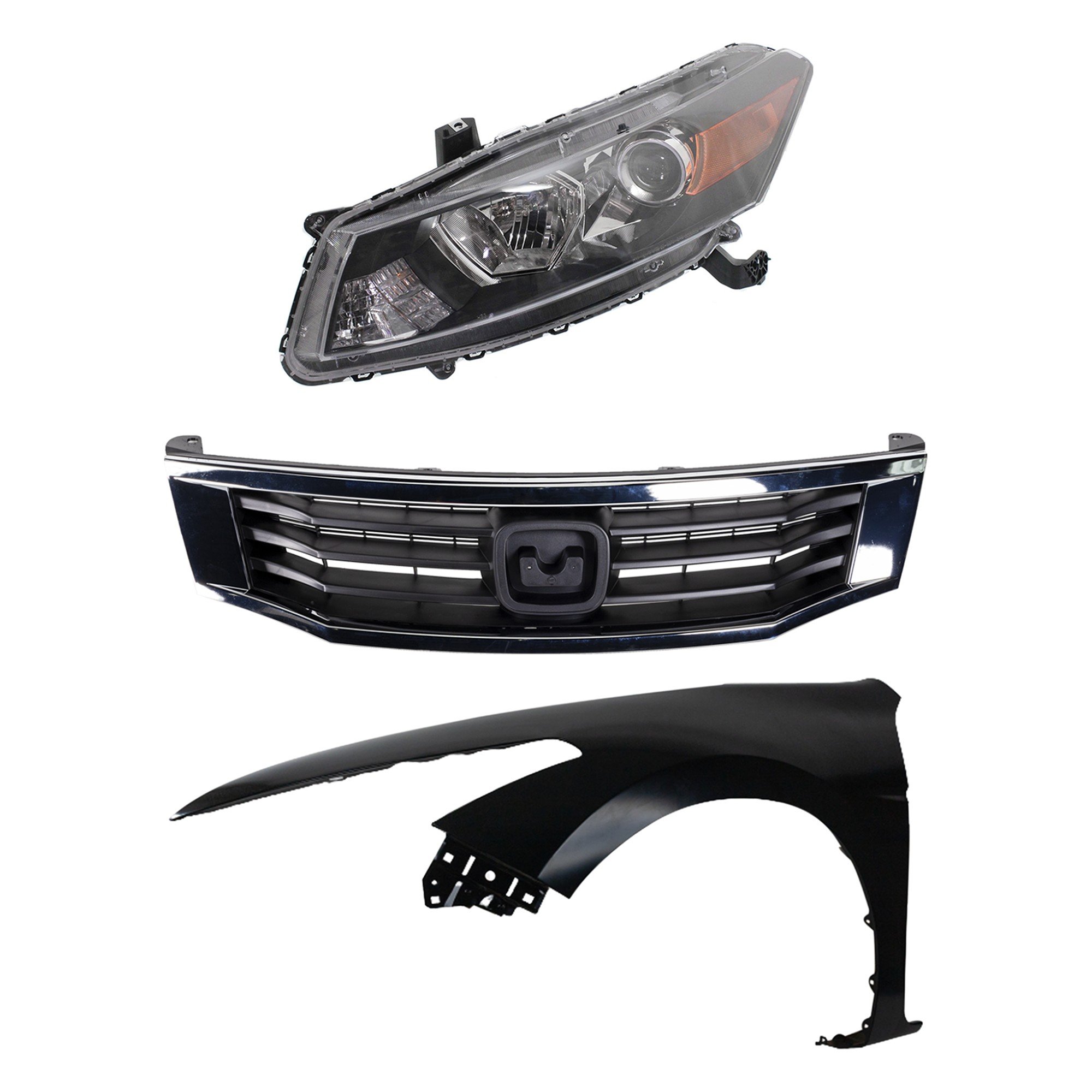 Headlight Assembly for 2008-2010 Honda Accord, Left (Driver) Side, Halogen, 3-Piece Kit with Fender and Grille Assembly, Replacement