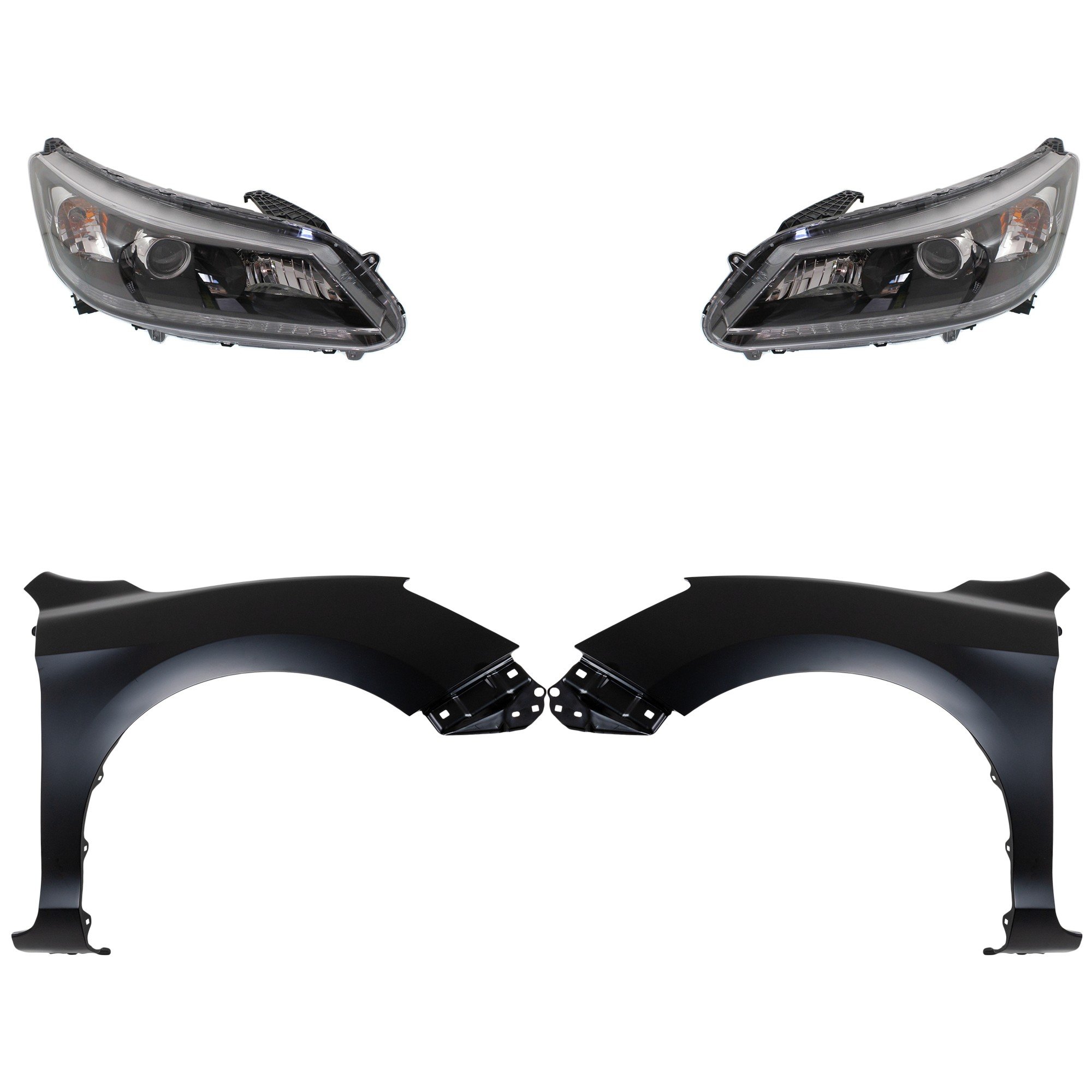Headlight Assembly for 2013-2015 Honda Accord, Right (Passenger) and Left (Driver), 4-Piece Kit with Halogen and Fenders, Replacement