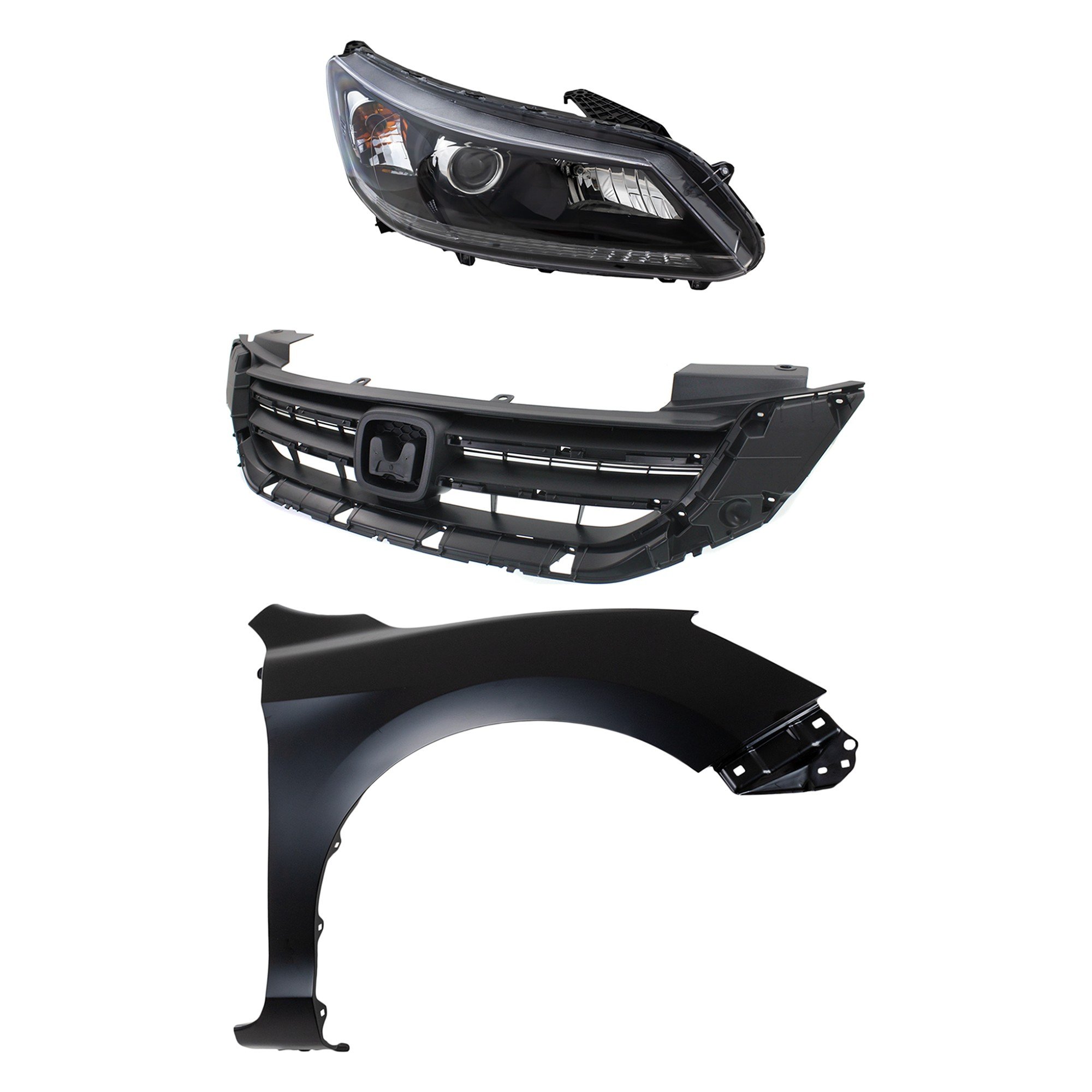 Headlight Assembly Kit for Honda Accord 2013-2015, Right (Passenger) Side, Halogen, 3-Piece Kit with Fender and Grille, Replacement