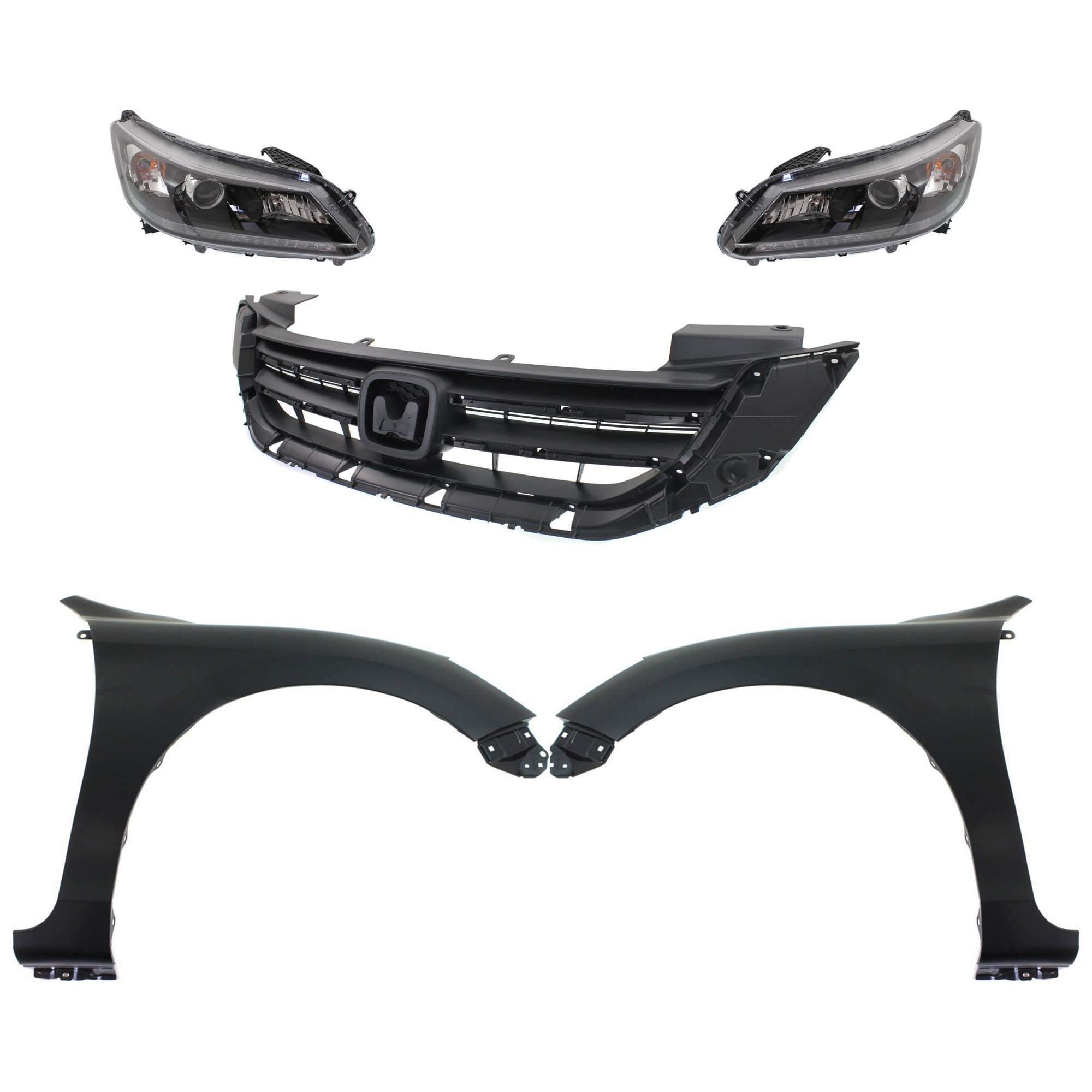 Headlight Assembly Kit for Honda Accord 2013-2015, Right (Passenger) and Left (Driver), Halogen, 5-Piece Set, Includes Fenders and Grille, Replacement
