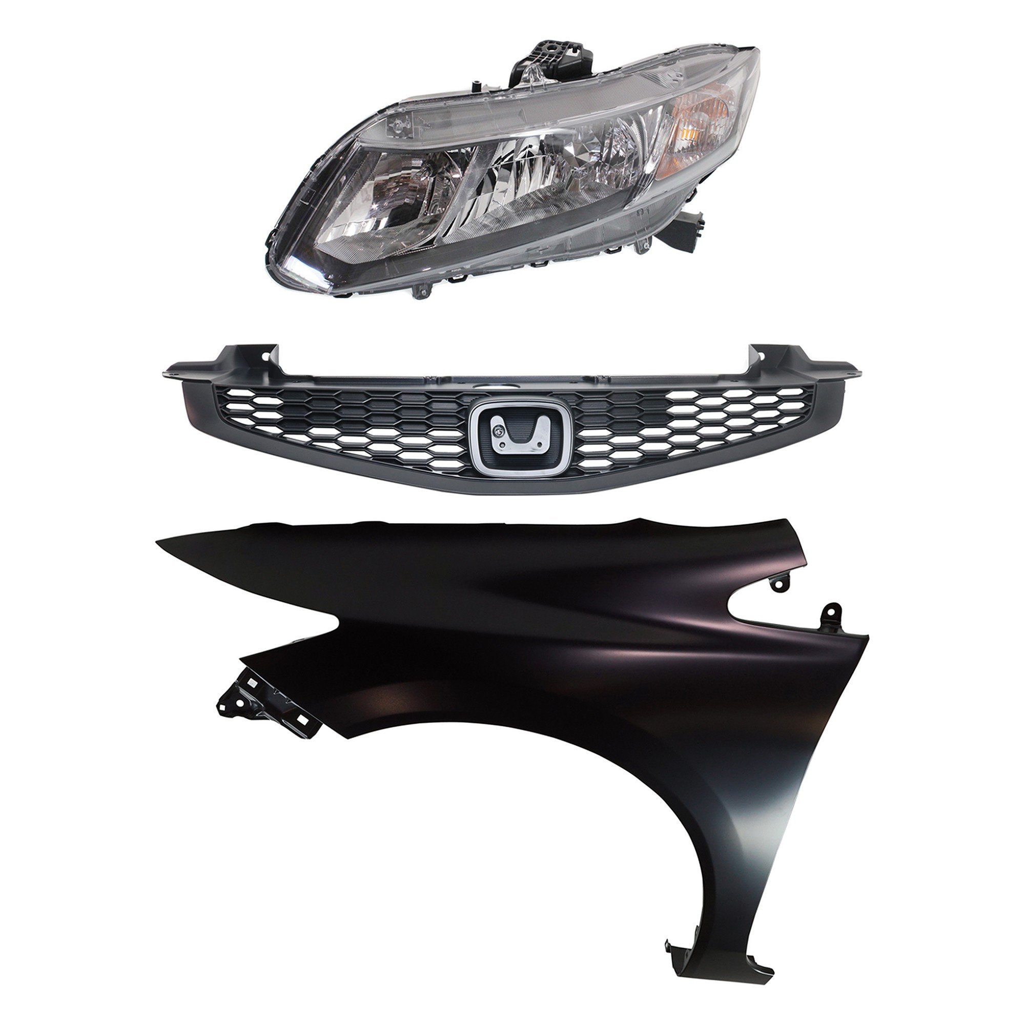 Headlight Assembly Kit for 2013-2013 Honda Civic, Left (Driver) Side, Halogen, 3-Piece with Fender and Grille, Replacement