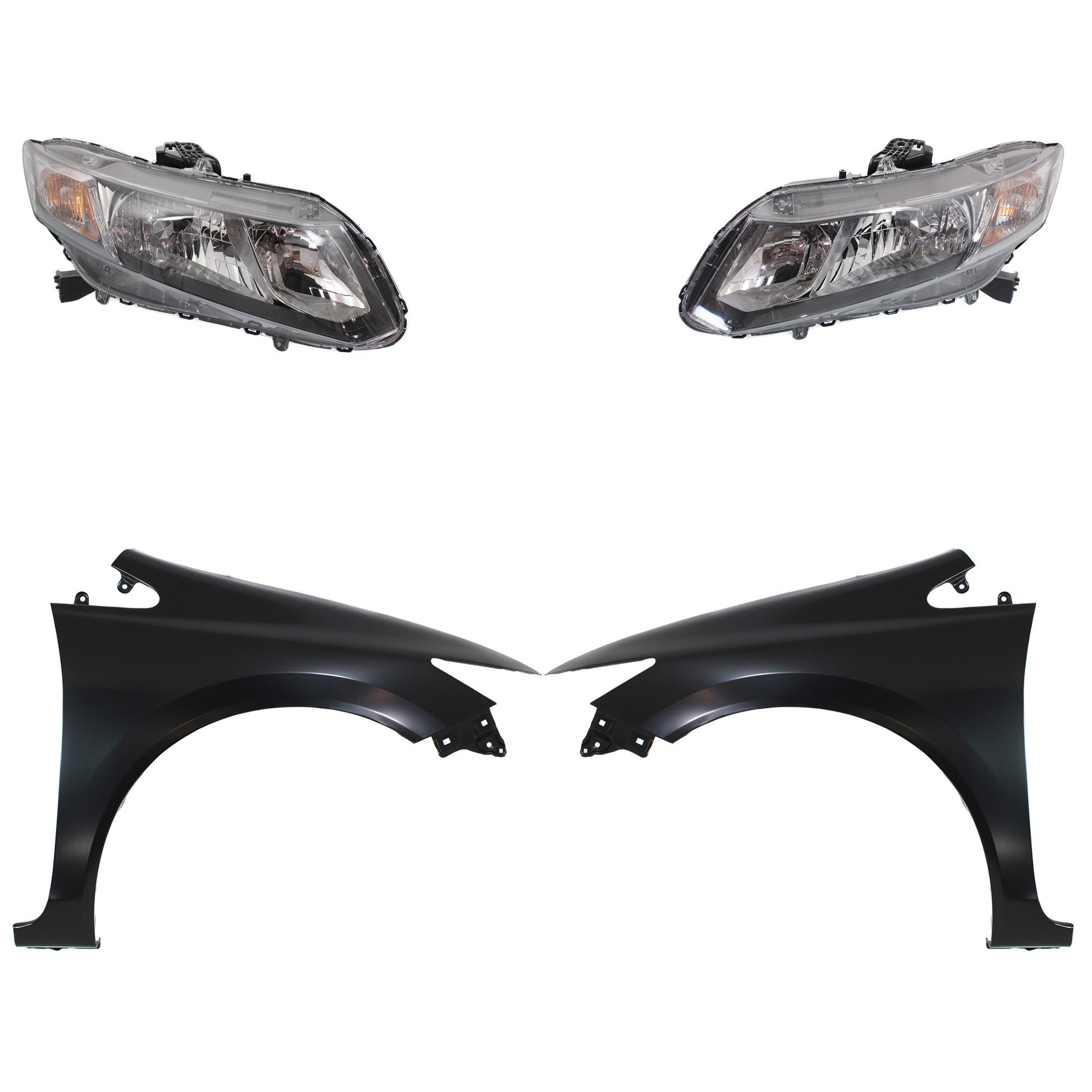 Headlight Assembly Kit for 2013-2015 Honda Civic, Right (Passenger) and Left (Driver), Halogen, 4-Piece Kit with Fenders, Replacement
