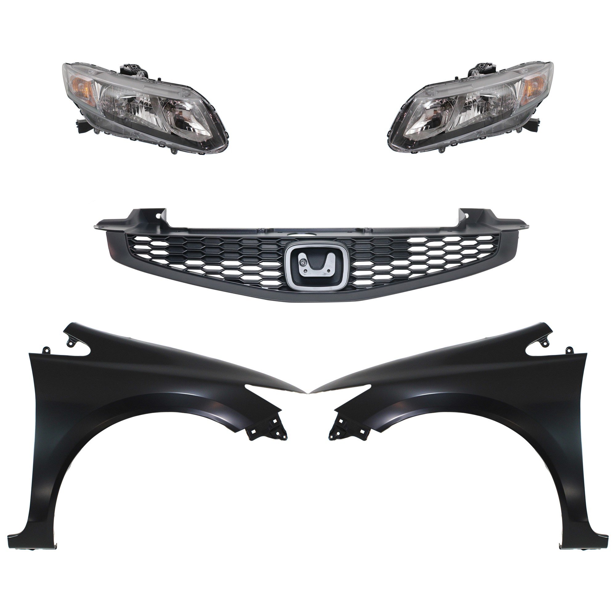 Headlight Assembly for 2013-2013 Honda Civic, Right (Passenger) and Left (Driver), Halogen, 5-Piece Kit with Fenders and Grille, Replacement