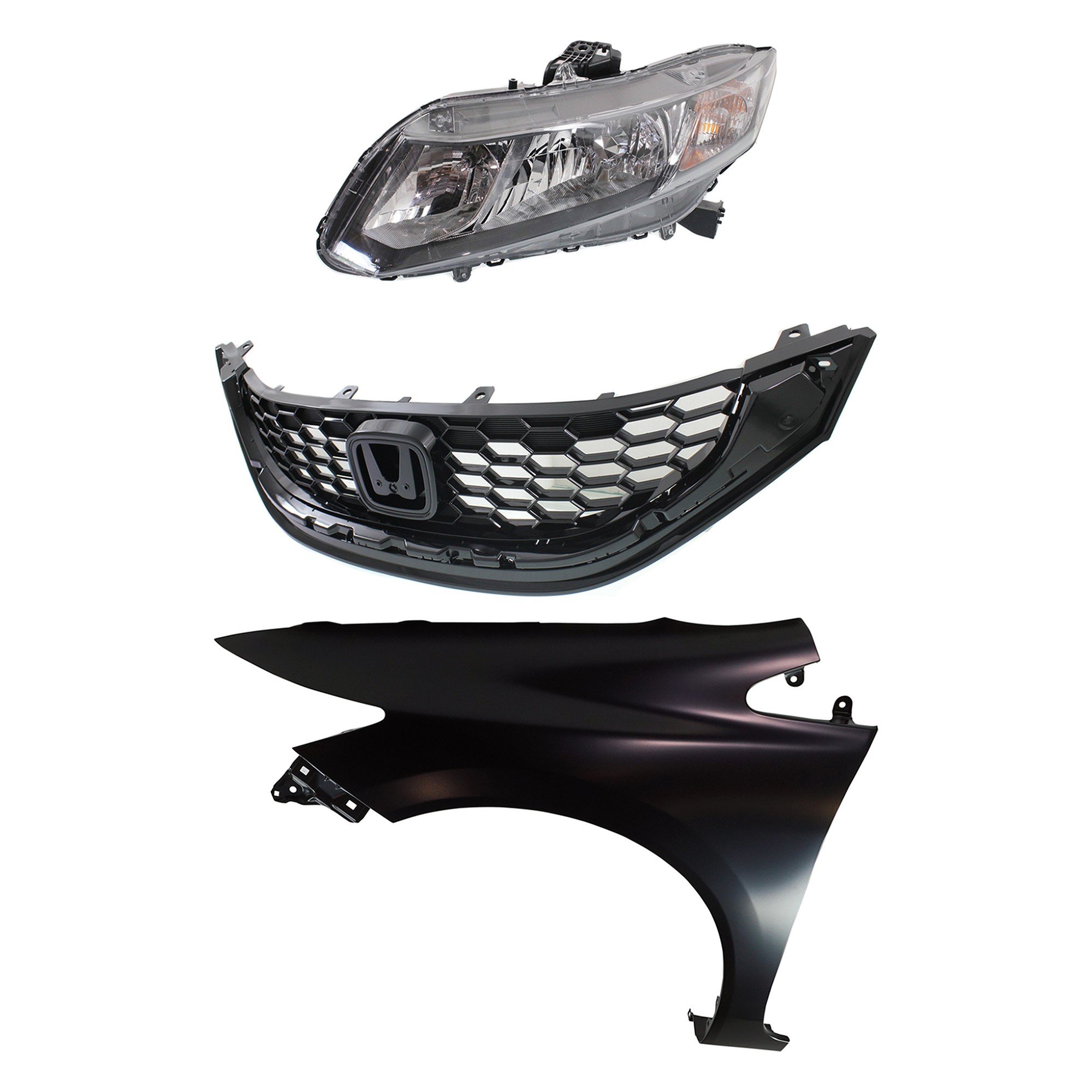 Headlight Assembly Kit for Honda Civic 2013-2015, Left (Driver), Halogen, 3-Piece Set with Fender and Grille, Replacement