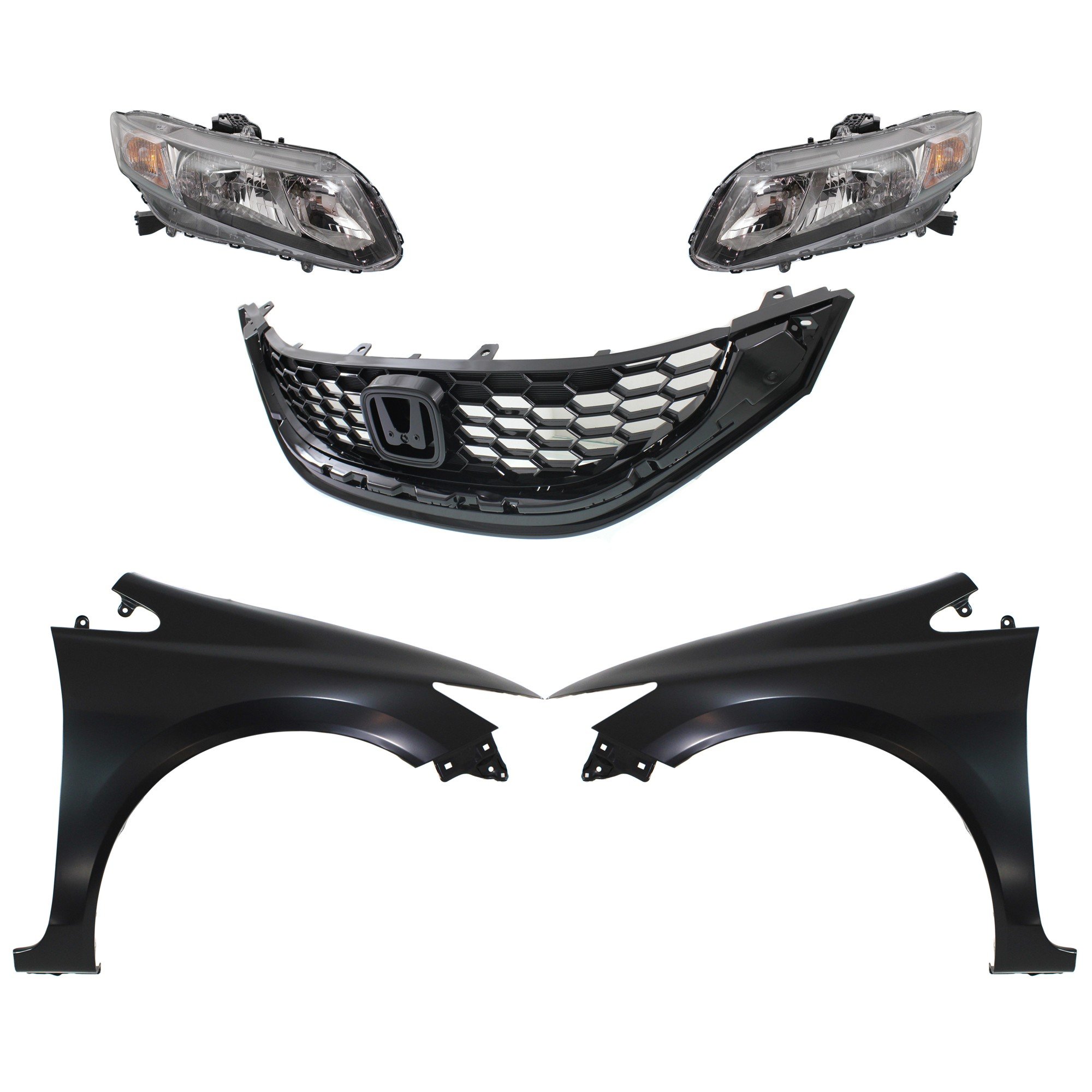 Headlight Assembly Kit for 2013-2015 Honda Civic, Right (Passenger) and Left (Driver), 5-Piece Set with Halogen, Fenders and Grille, Replacement
