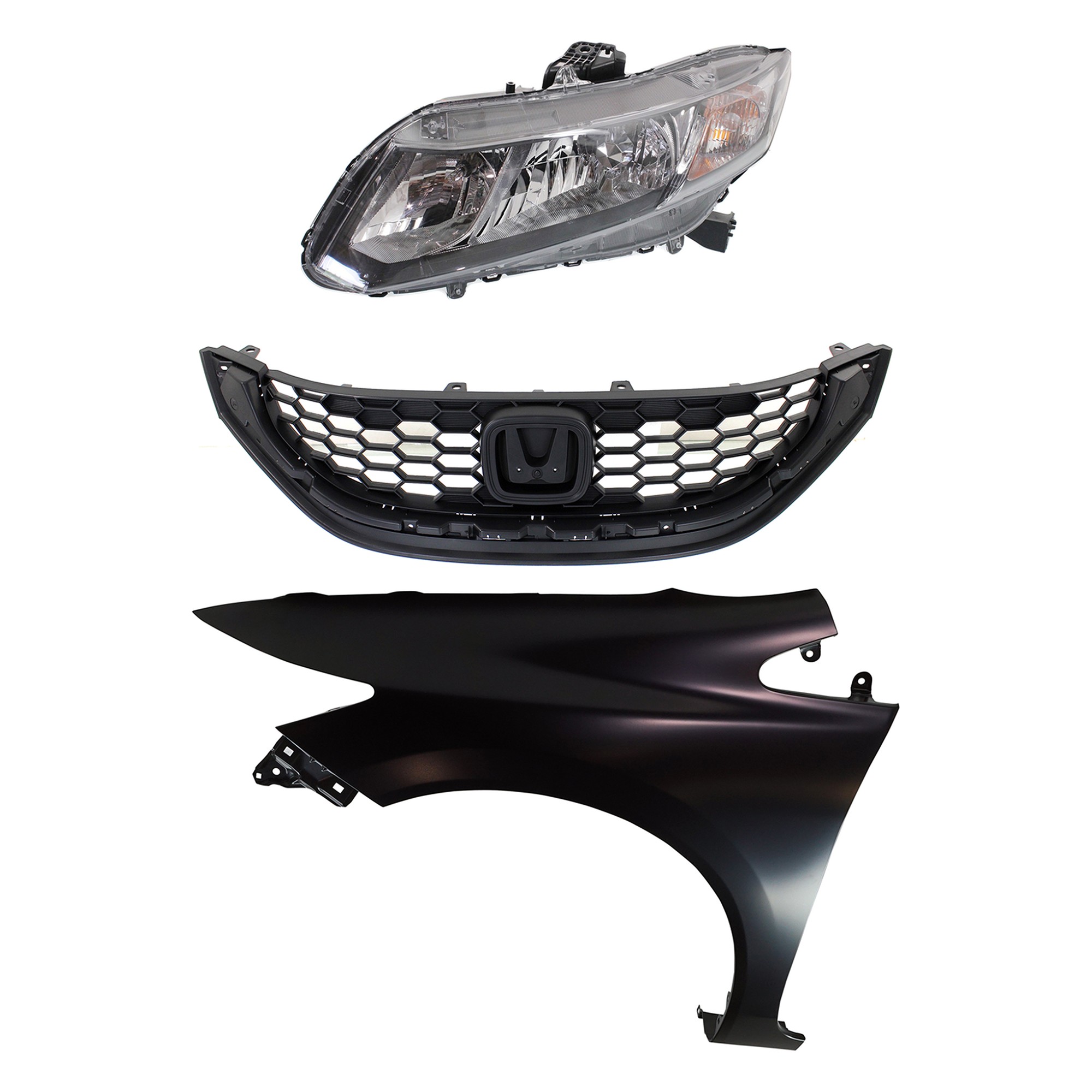 Headlight Assembly Kit for 2013-2015 Honda Civic, Left (Driver) Side, Halogen, 3-Piece Set with Fender and Grille, Replacement