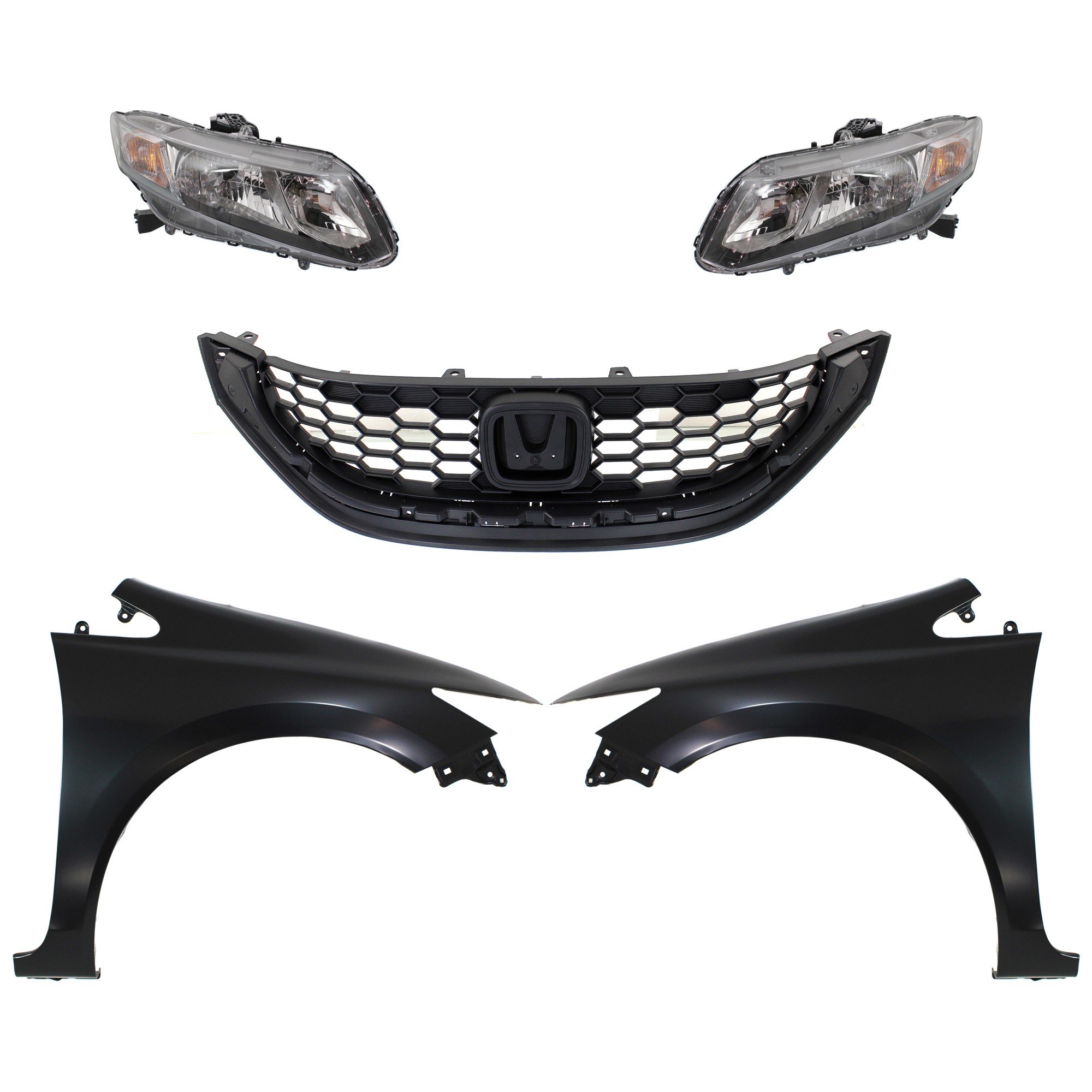 Headlight Assembly for 2013-2015 Honda Civic, Right (Passenger) and Left (Driver), Halogen, 5-Piece Kit, Complete with Fenders and Grille, Replacement