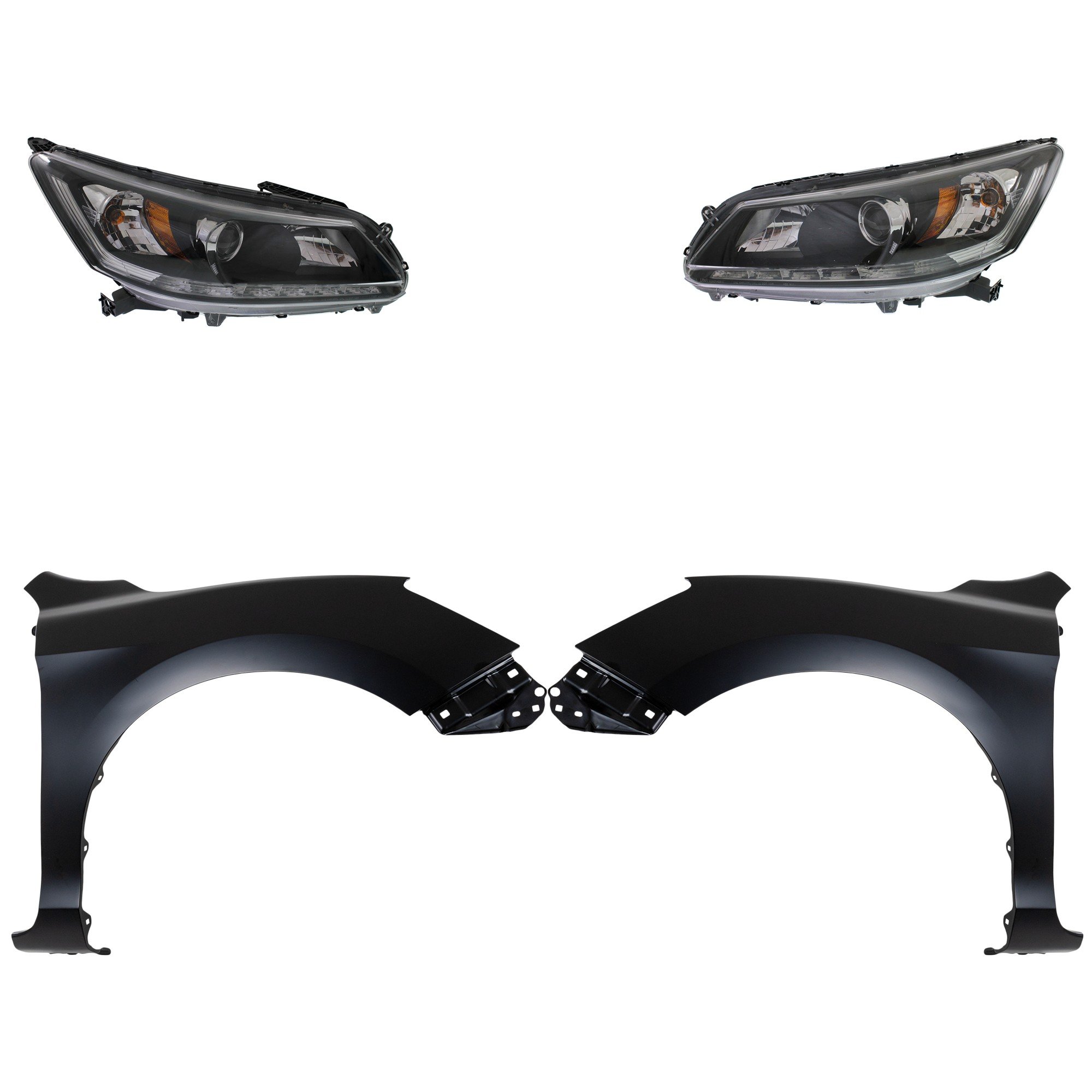 Headlight Assembly Kit for 2013-2015 Honda Accord, Right (Passenger) and Left (Driver), Halogen, 4-Piece with Fenders, Replacement