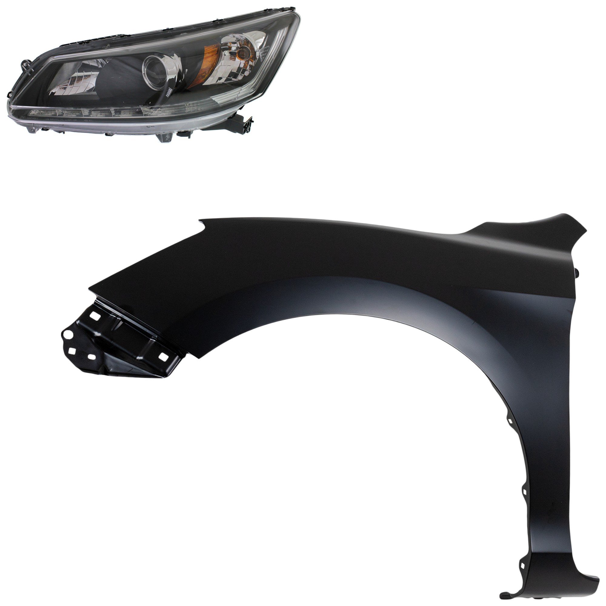 Headlight Assembly Kit for 2013-2015 Honda Accord, Left (Driver) Halogen Light, with Fender, 2-Piece Set, Replacement