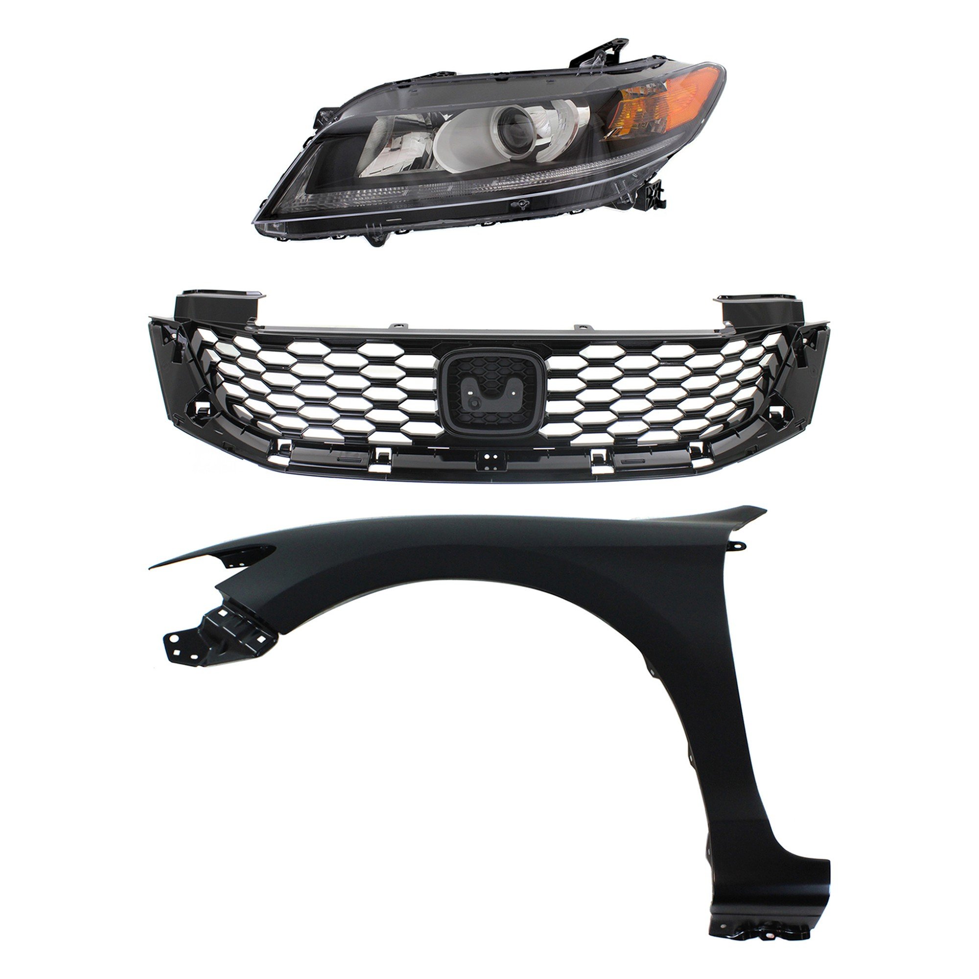 Headlight Assembly for 2013-2015 Honda Accord, Left (Driver) Side, Halogen, 3-Piece Kit with Fender and Grille Assembly, Replacement