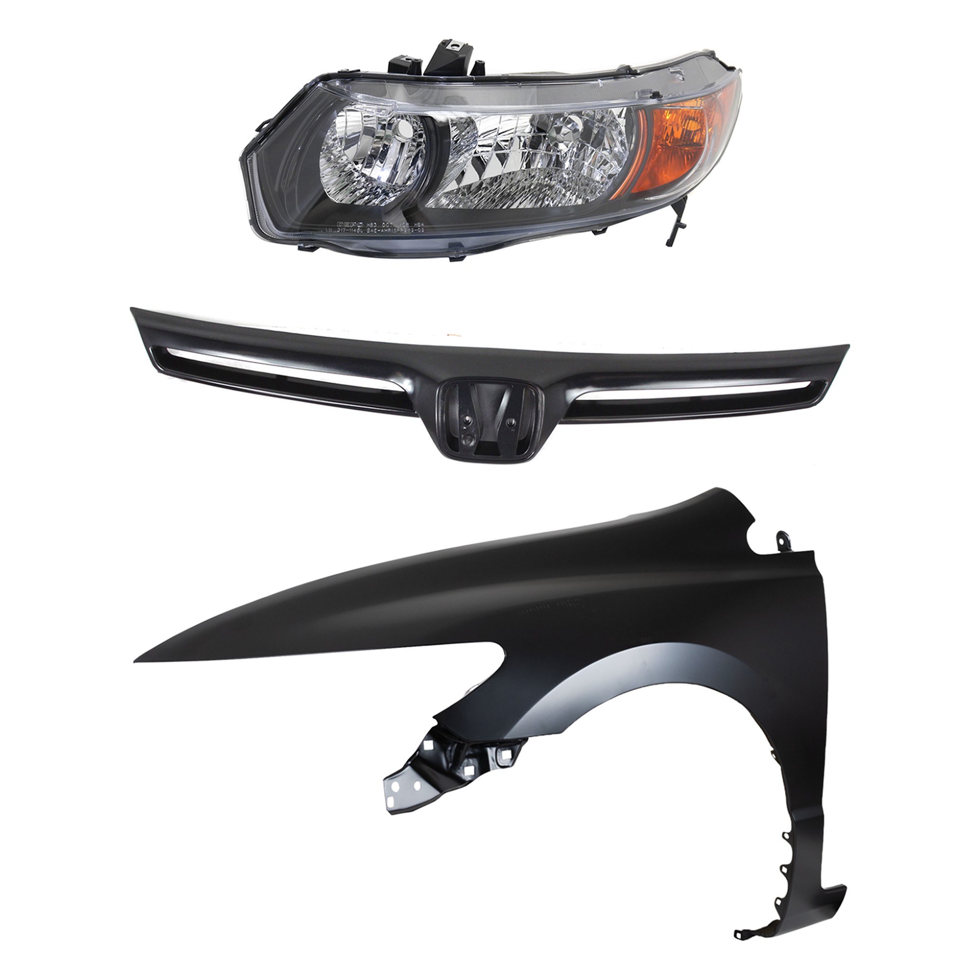 Headlight Kit for 2006-2008 Honda Civic, Left (Driver) Side, Lens and Housing, Halogen, 3-Piece Set, with Fender and Grille Assembly Replacement