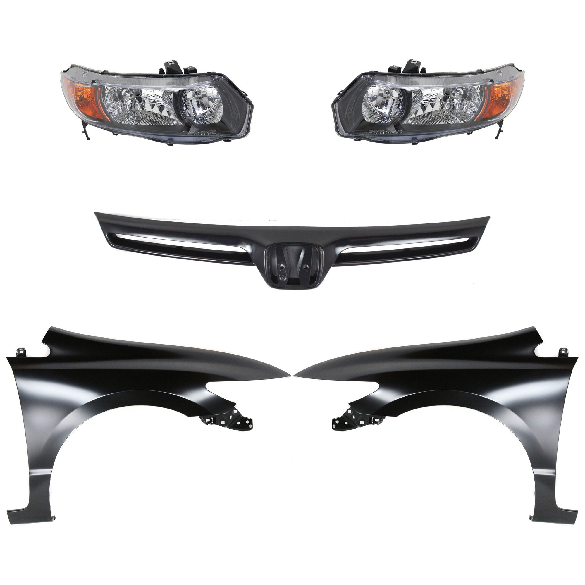 Headlight Kit for 2006-2008 Honda Civic with Right (Passenger) and Left (Driver) Lens and Housing, Halogen, 5-Piece Kit, includes Fenders and Grille Assembly Replacement.