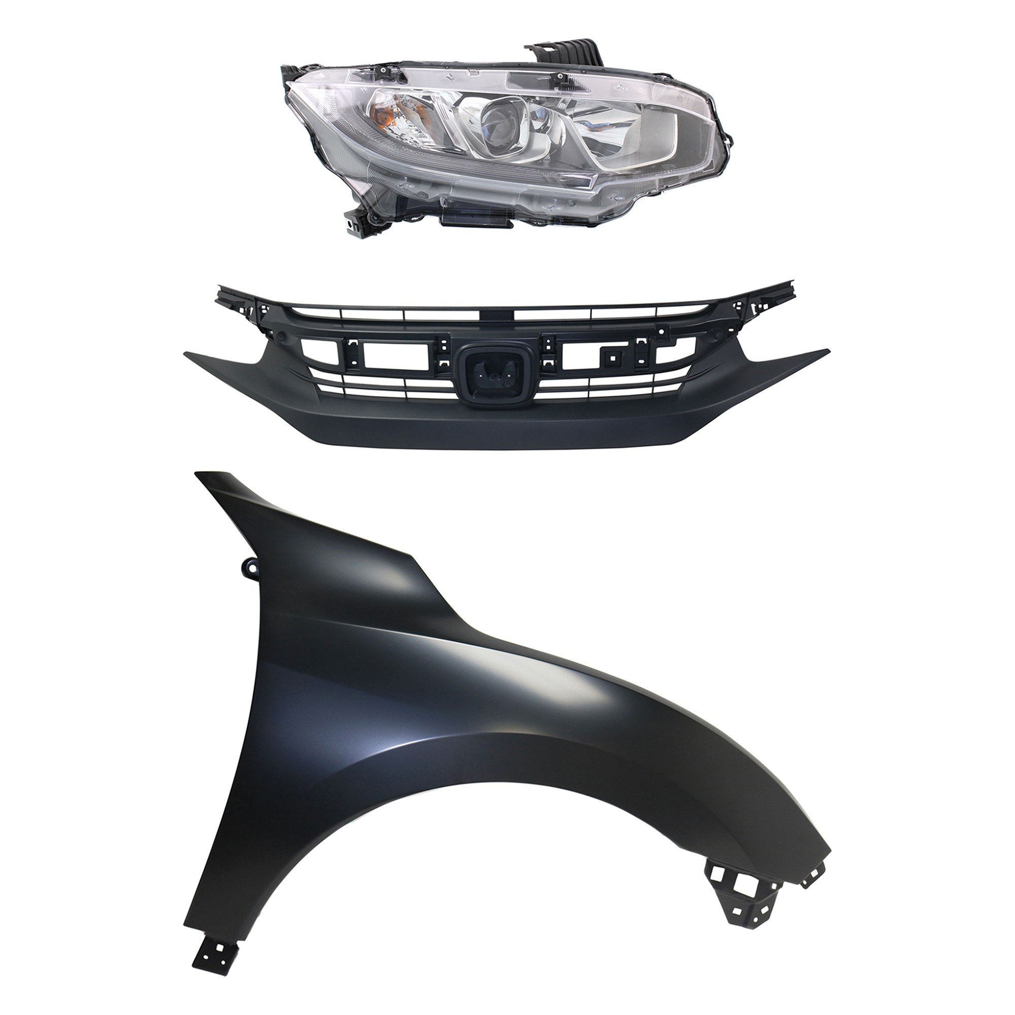 Headlight Assembly Kit for Honda Civic (2016-2018), Right (Passenger) Side, Halogen, 3-Piece with Fender and Grille, Replacement