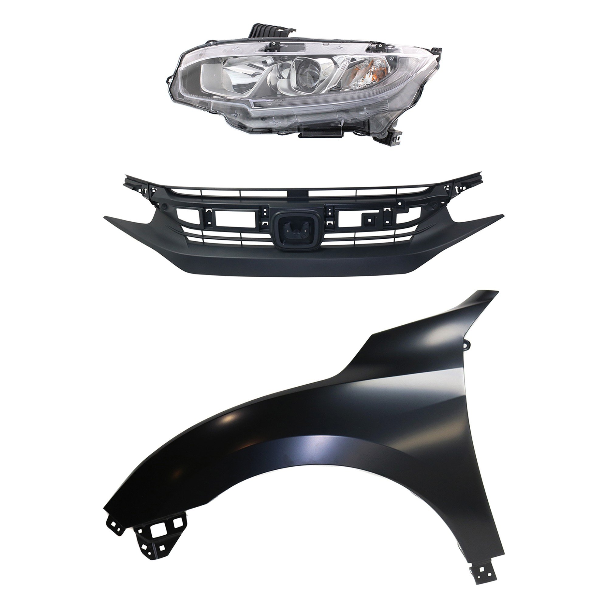 Headlight Assembly Kit for 2016-2018 Honda Civic, Left (Driver), Halogen, 3-Piece with Fender and Grille, Replacement