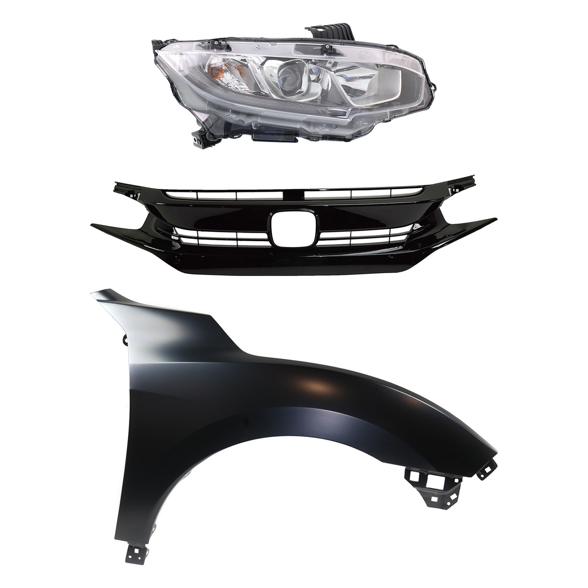 Headlight Assembly Kit for Honda Civic 2017-2018 Right (Passenger) Halogen, 3-Piece with Fender and Grille Replacement