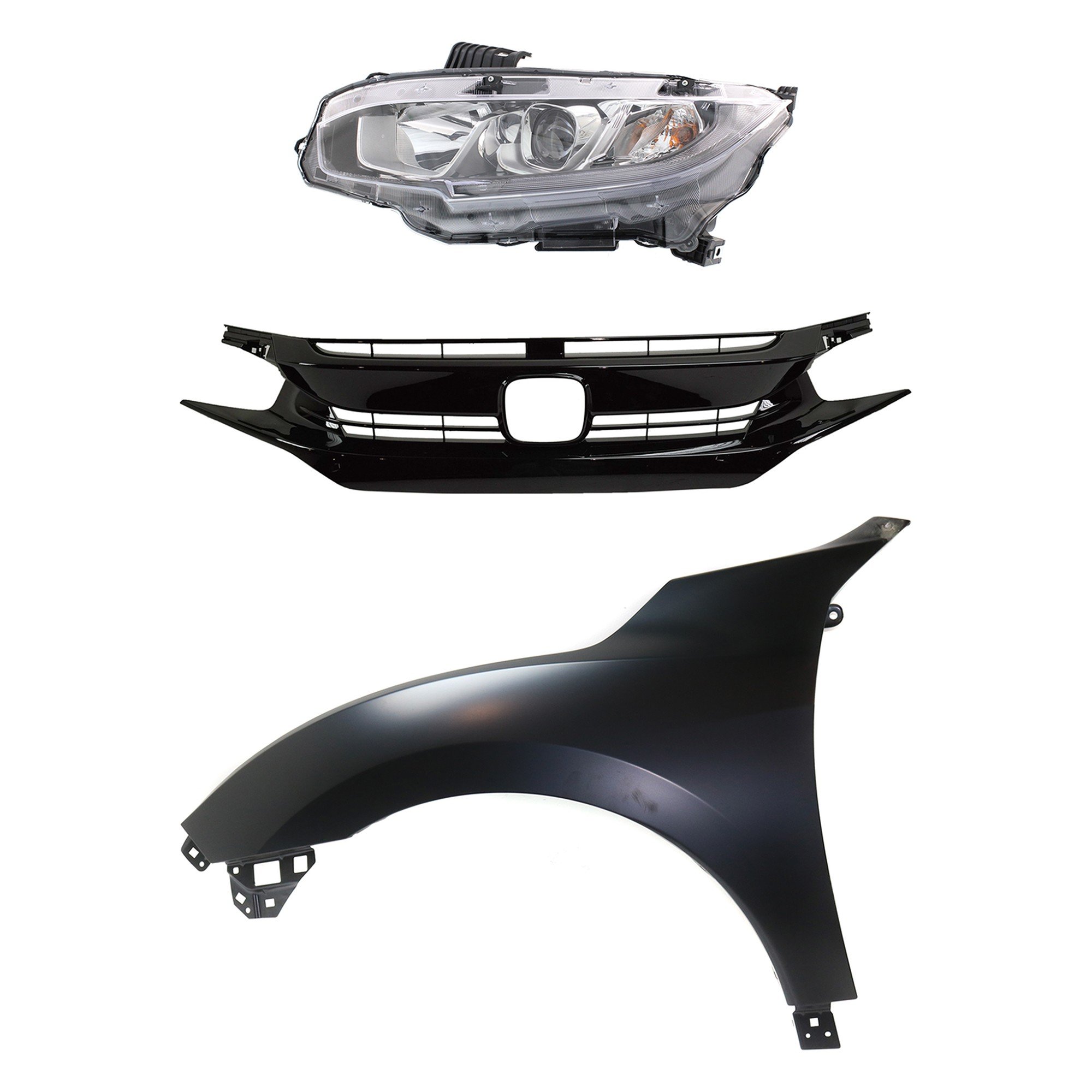 Headlight Assembly Kit for 2017-2018 Honda Civic, Left (Driver), Halogen, 3-Piece with Fender and Grille, Replacement