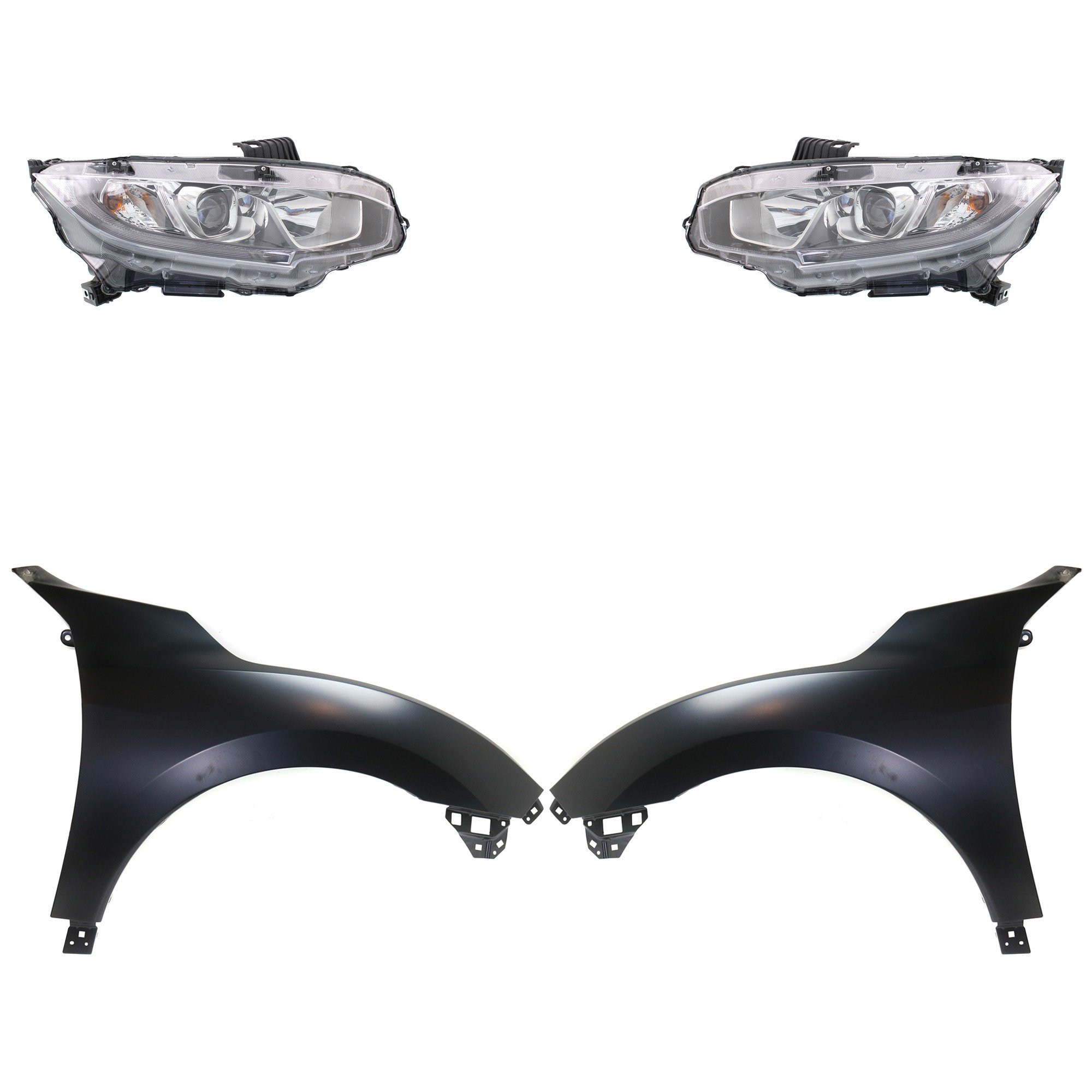 Headlight Assembly Kit for 2017-2018 Honda Civic, Right (Passenger) and Left (Driver) Sides, Halogen, 4-Piece Set with Fenders, Replacement