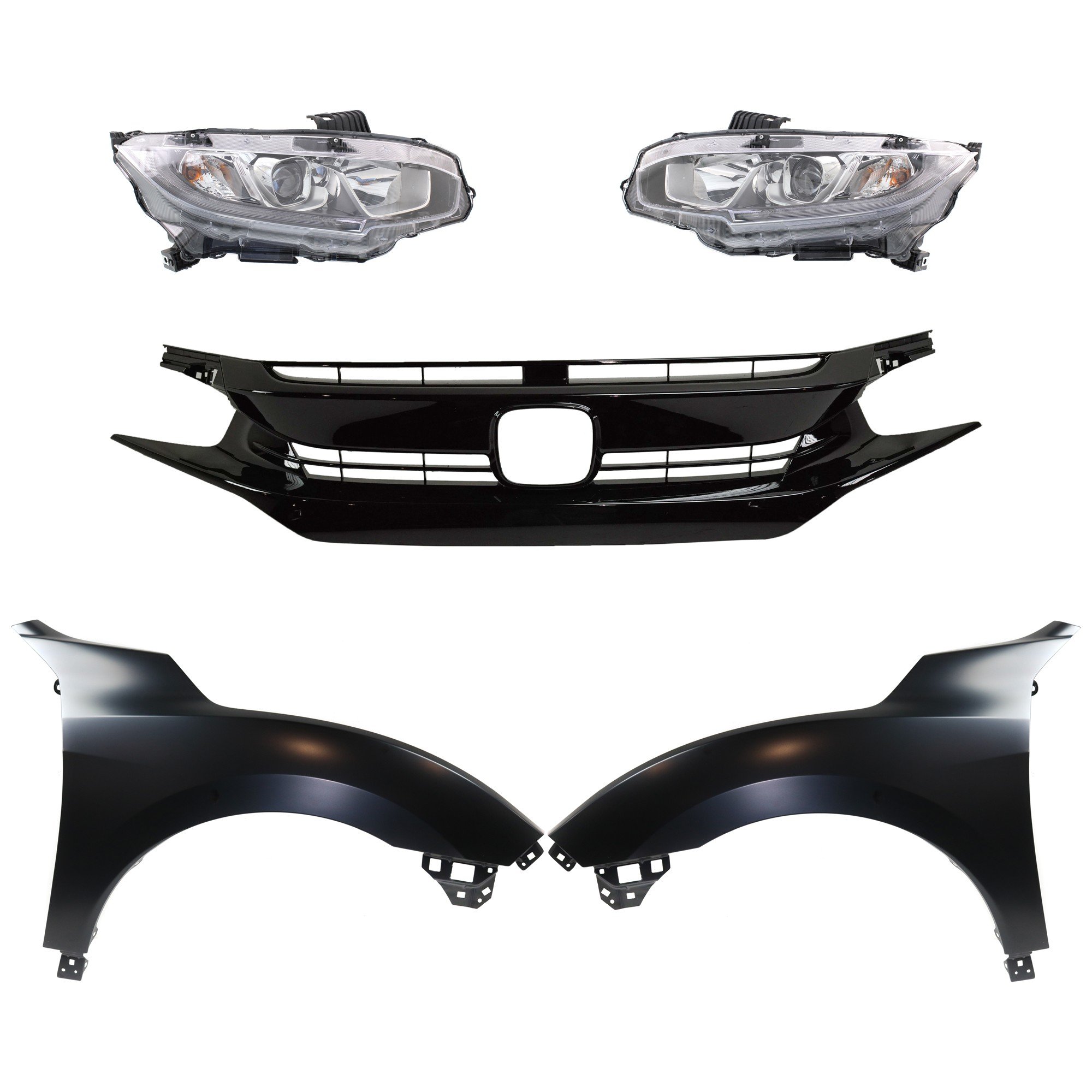 Headlight Assembly Kit for 2017-2018 Honda Civic, Right (Passenger) and Left (Driver), Halogen, 5-Piece with Grille and Fenders, Replacement