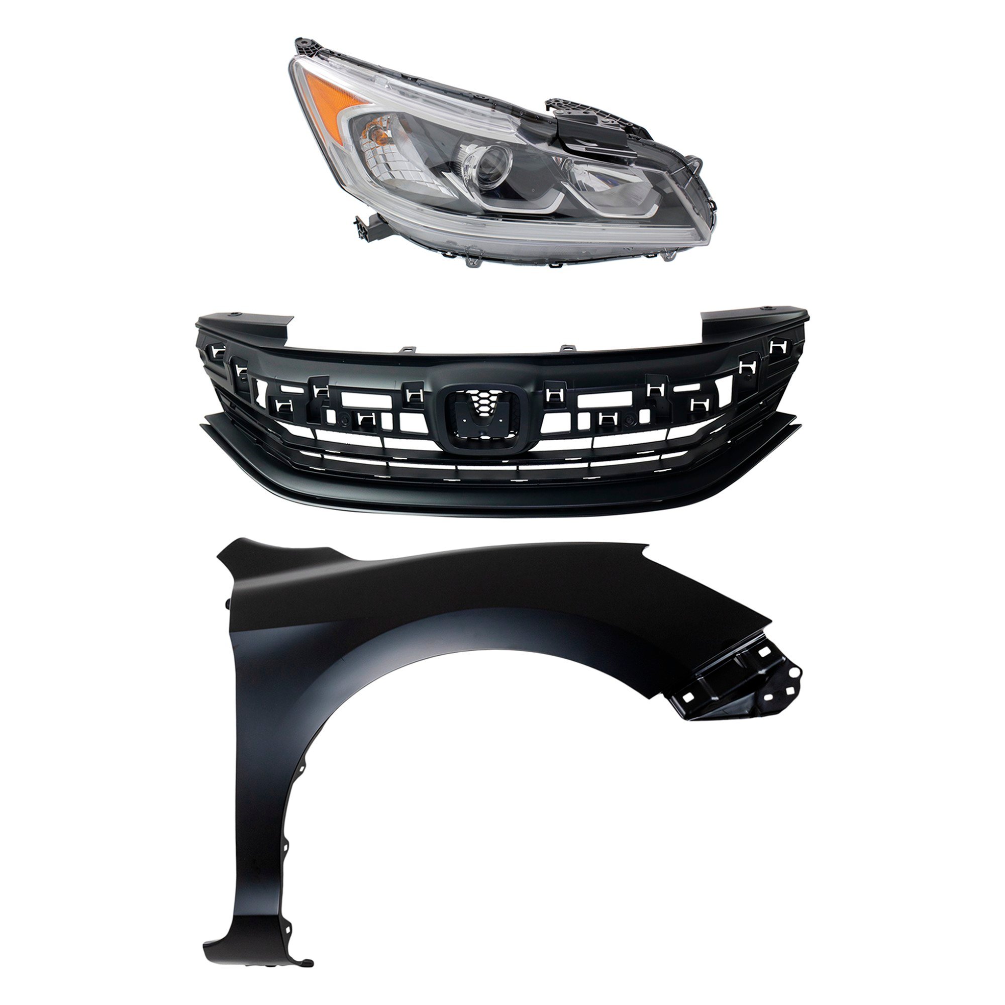 Headlight Assembly Kit for 2016-2017 Honda Accord, Right (Passenger), Halogen, 3-Piece Kit with Fender and Grille Assembly, Replacement