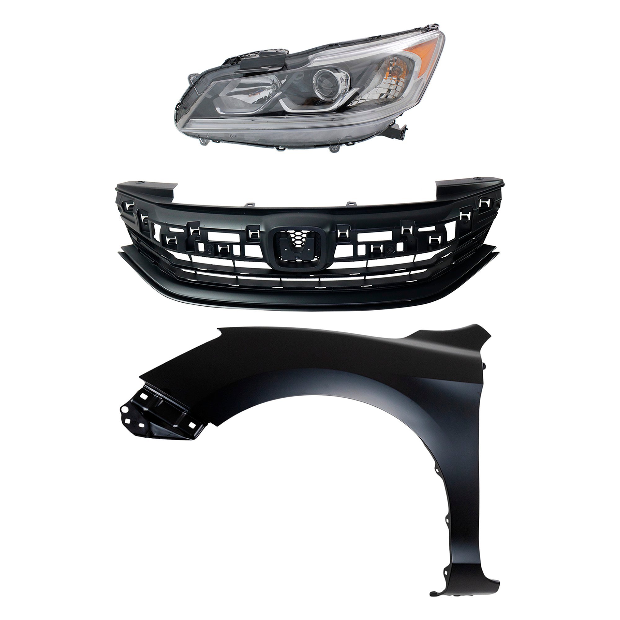 Headlight Assembly Kit for Honda Accord 2016-2017, Left (Driver), Halogen, 3-Piece with Fender and Grille, Replacement