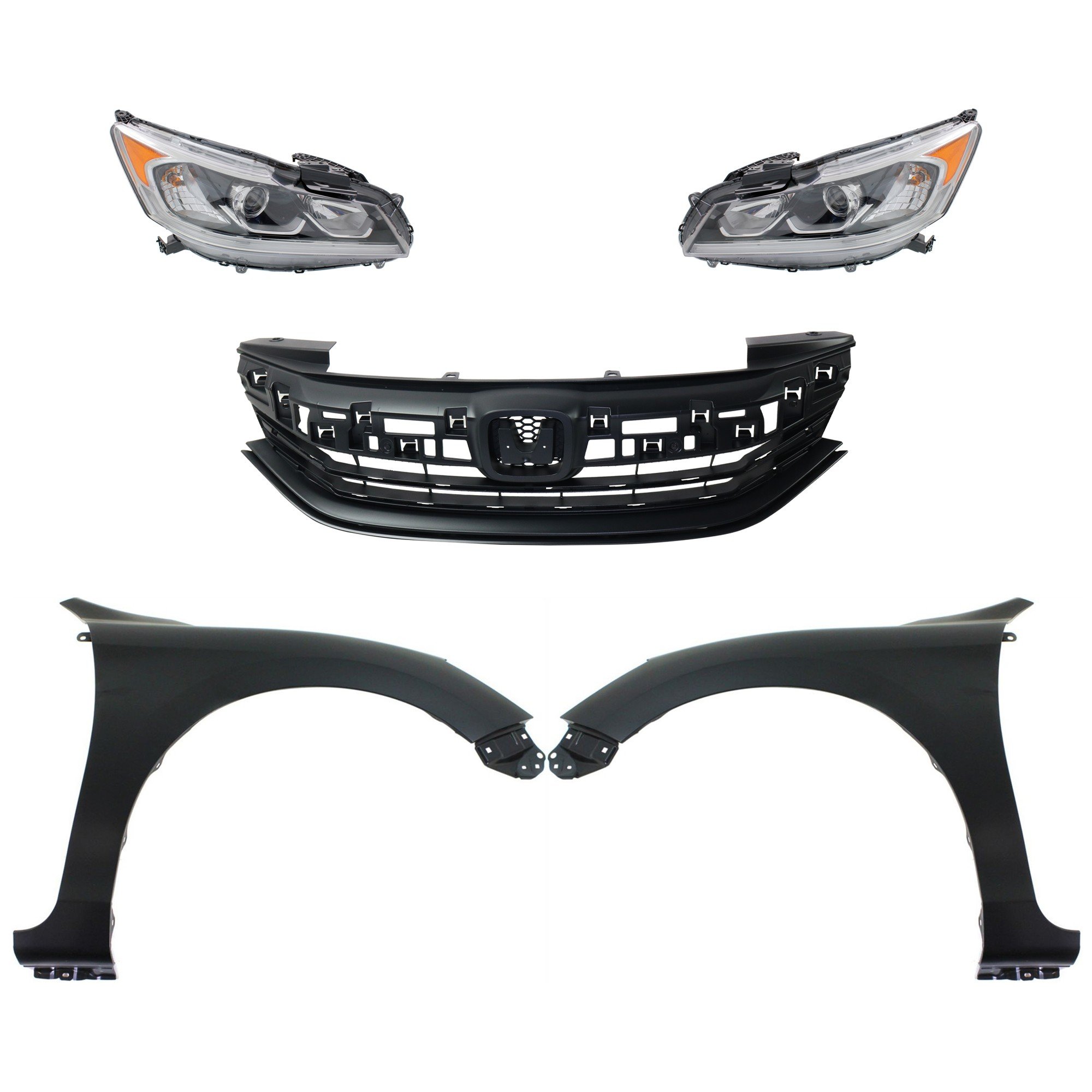 Headlight Assembly Kit for 2016-2017 Honda Accord, Right (Passenger) and Left (Driver), Halogen, 5-Piece Set with Fenders and Grille Assembly, Replacement