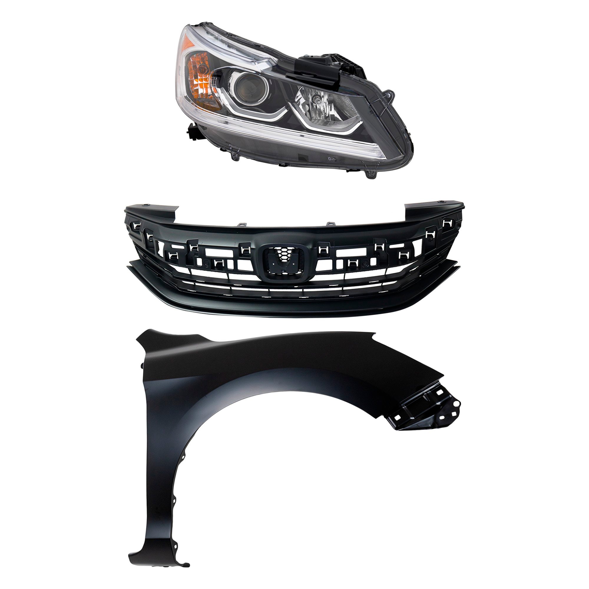 Headlight Assembly Kit for Honda Accord 2016-2017, Right (Passenger) Side, Halogen, 3-Piece Set with Fender and Grille Assembly, Replacement 