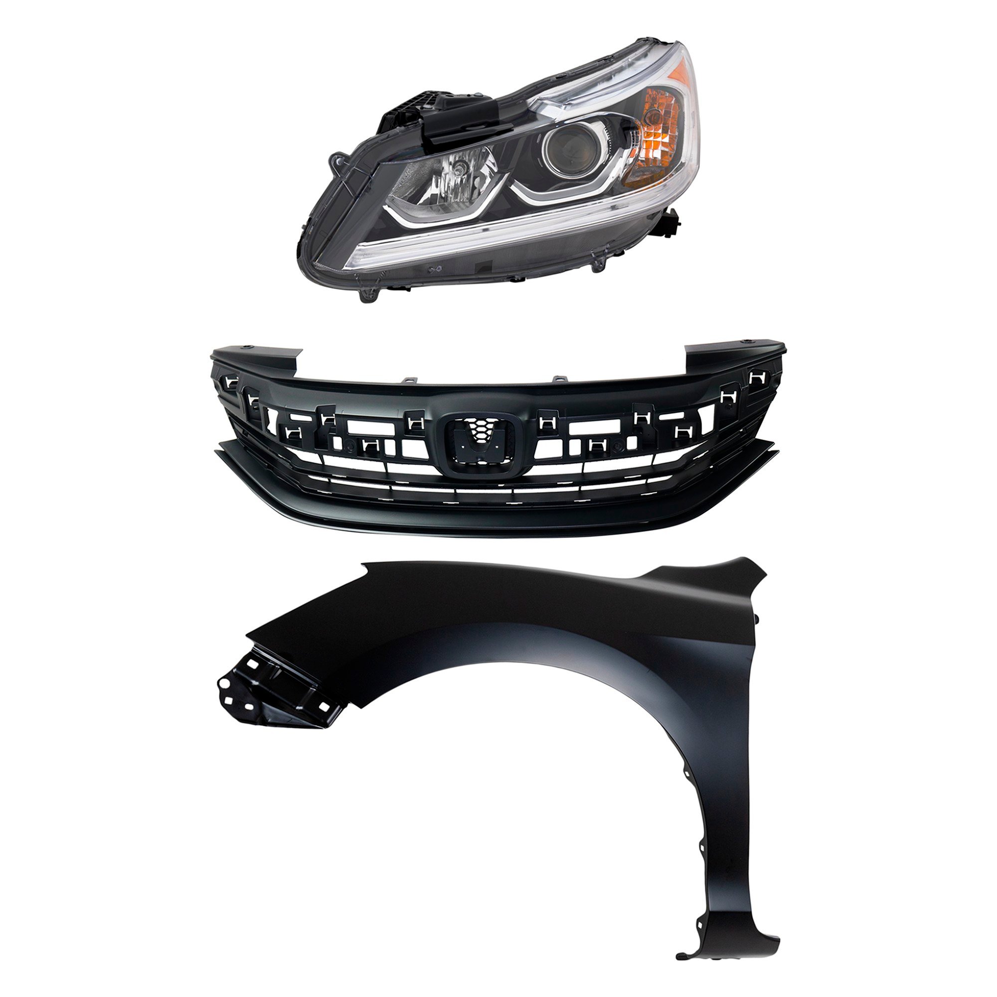 Headlight Assembly Kit for Honda Accord 2016-2017, Left (Driver) Side, Halogen, 3-Piece with Fender and Grille, Replacement