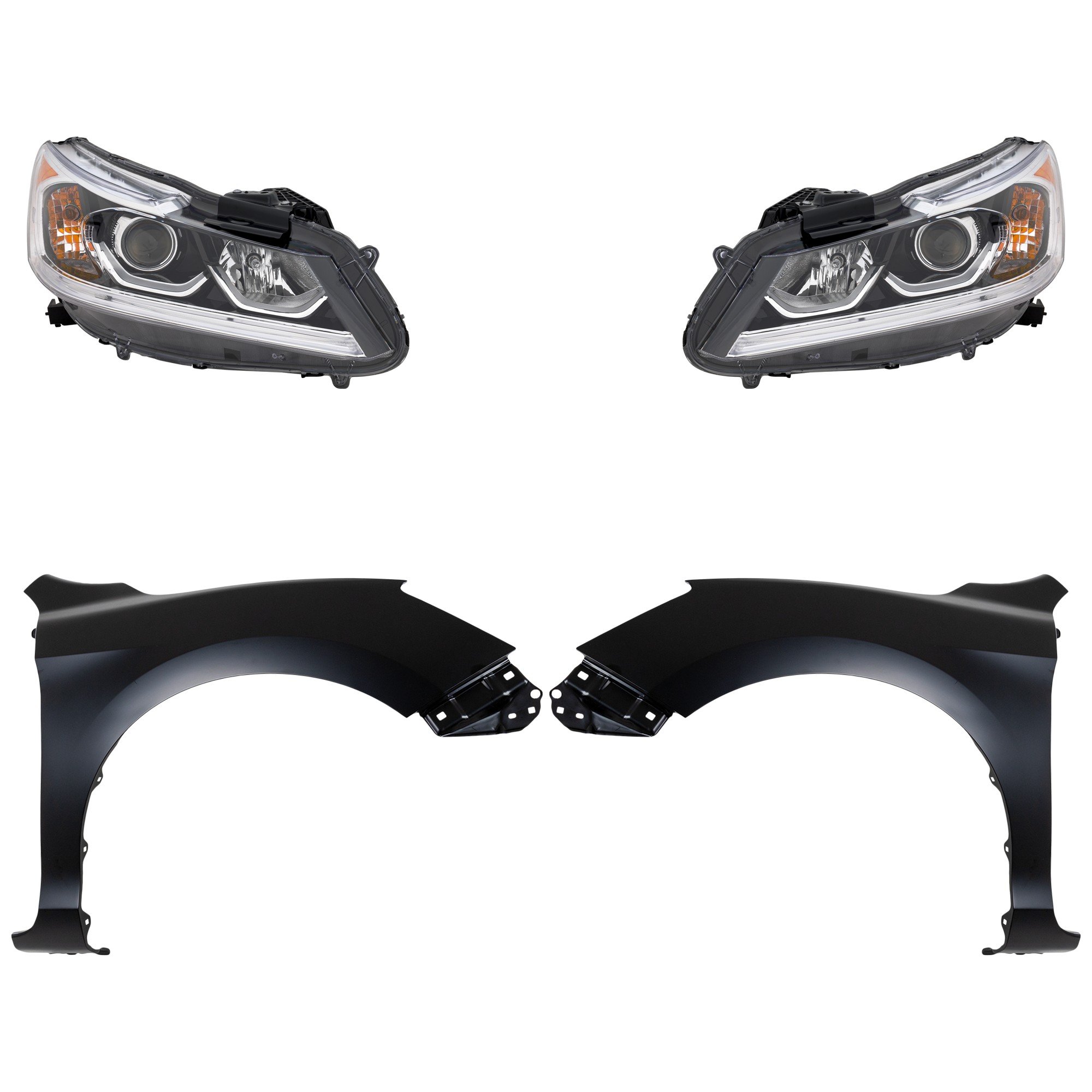 Headlight Assembly Kit for 2016-2017 Honda Accord, Right (Passenger) and Left (Driver), Halogen, 4-Piece with Fenders, Replacement