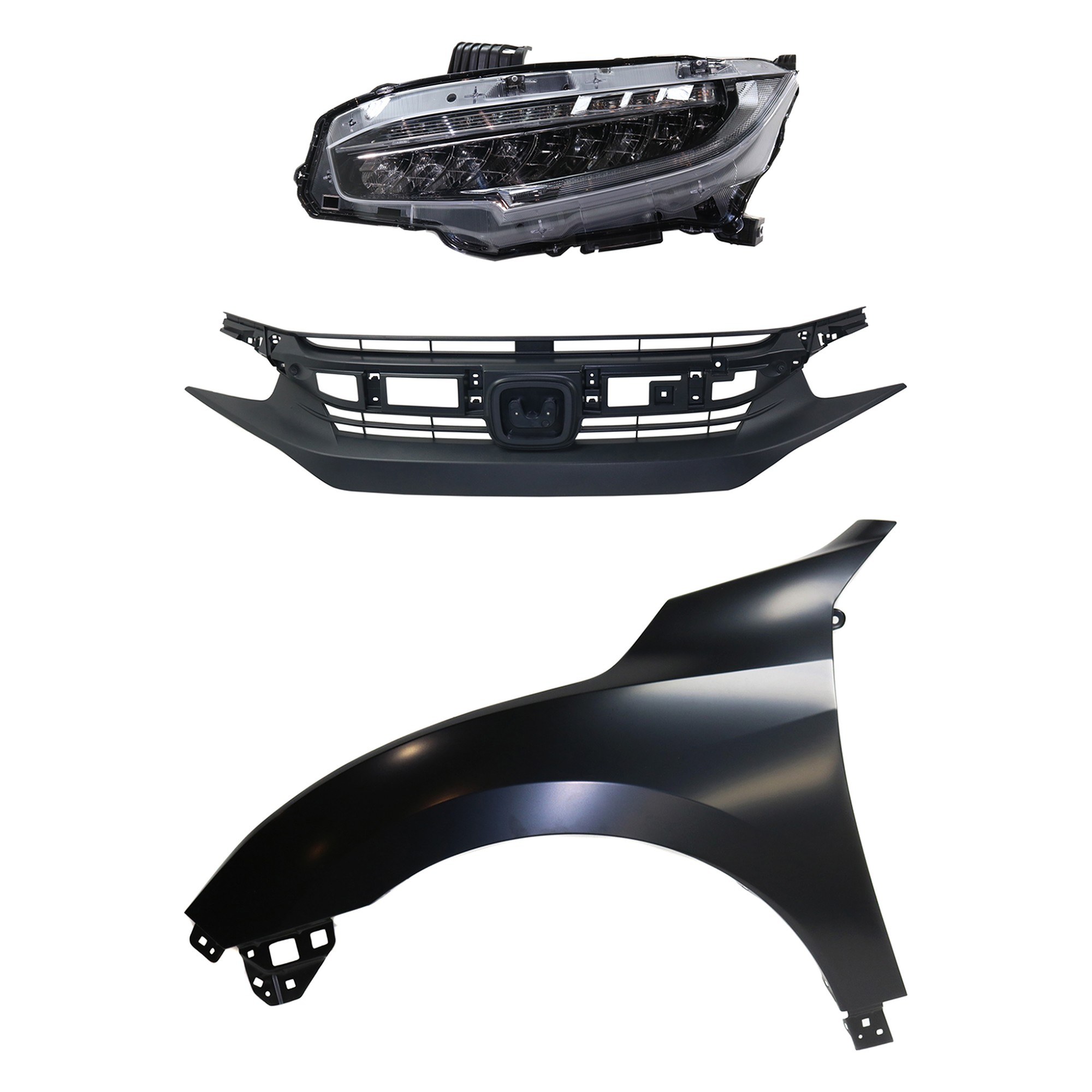 Headlight Assembly Kit for 2016-2018 Honda Civic, Left (Driver) Side, LED, 3-Piece Kit with Fender and Grille Replacement