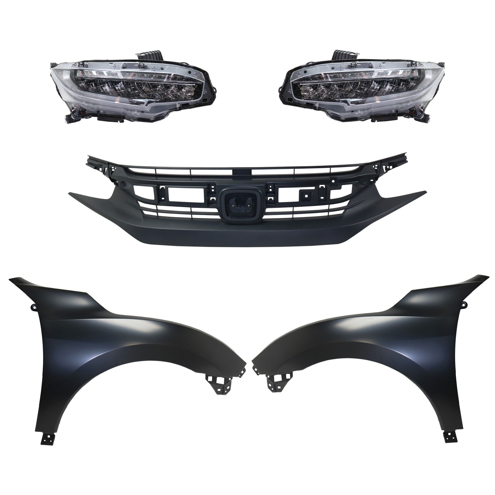 Headlight Assembly Kit for Honda Civic 2016-2018, Right (Passenger) and Left (Driver) LED, 5-Piece Kit, Includes Fenders and Grille Assembly Replacement