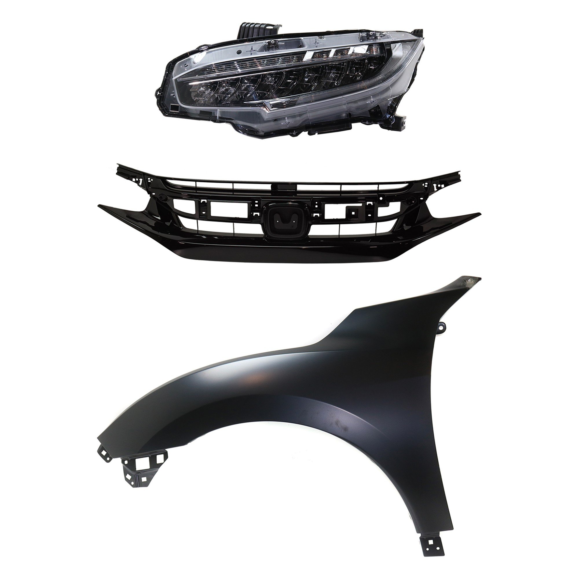 Headlight Assembly Kit for 2019 Honda Civic, Left (Driver) LED, 3-Piece with Fender and Grille Assembly, Replacement