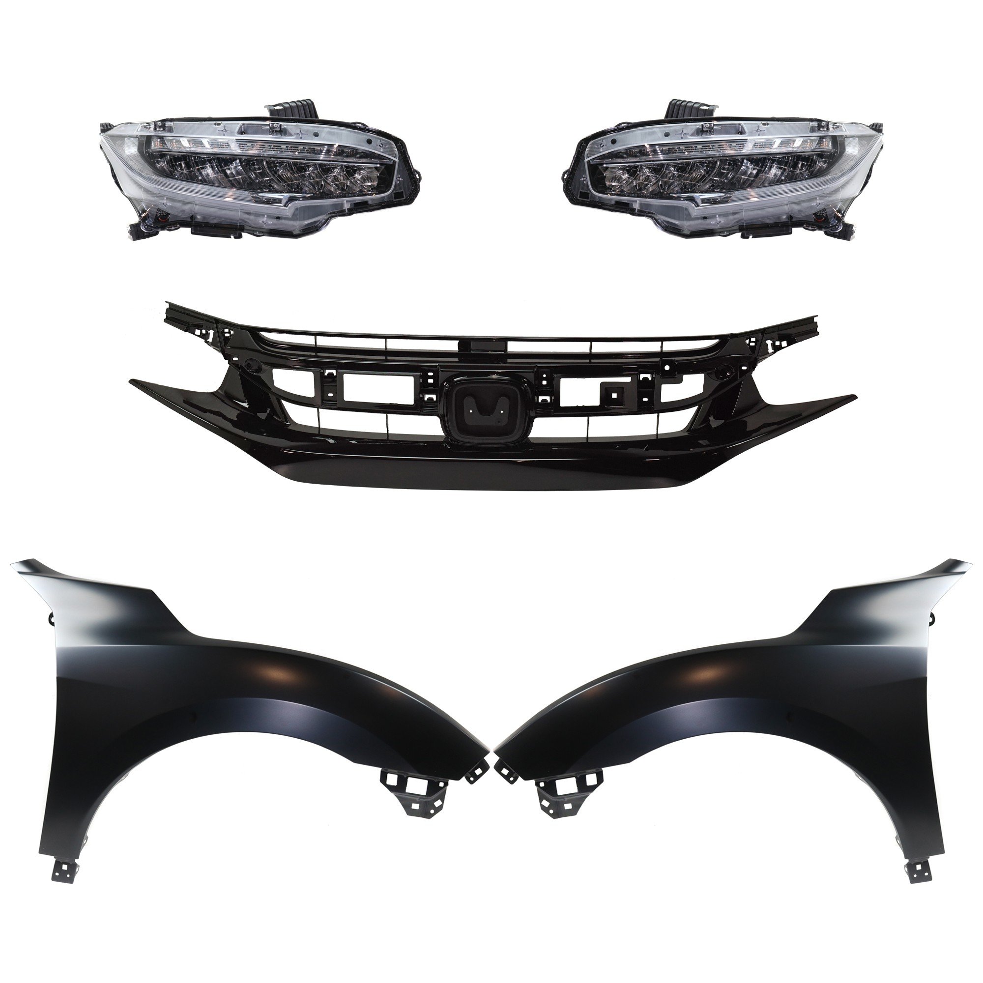 Headlight Assembly Kit for 2019 Honda Civic, Right (Passenger) and Left (Driver), LED, 5-Piece with Fenders and Grille Assembly, Replacement 