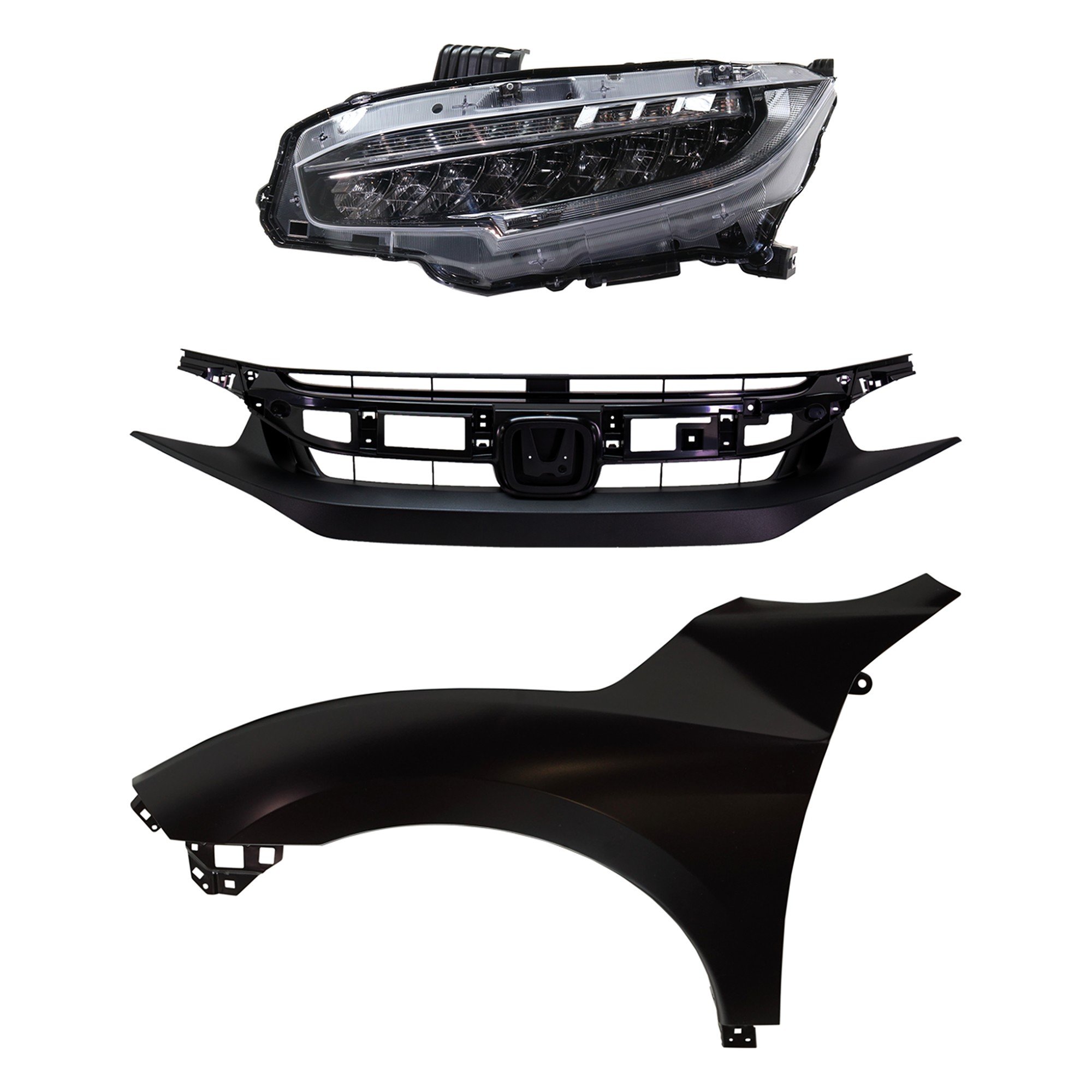 Headlight Assembly Kit for 2019 Honda Civic, Left (Driver) Side, LED, 3-Piece with Fender and Grille, Replacement