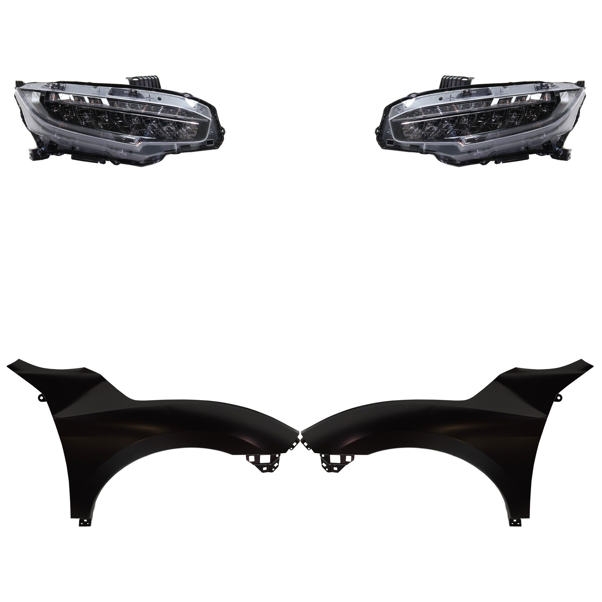 Headlight Assembly Kit for 2019 Honda Civic, Right (Passenger) and Left (Driver), LED, 4-Piece with Fenders, Replacement
