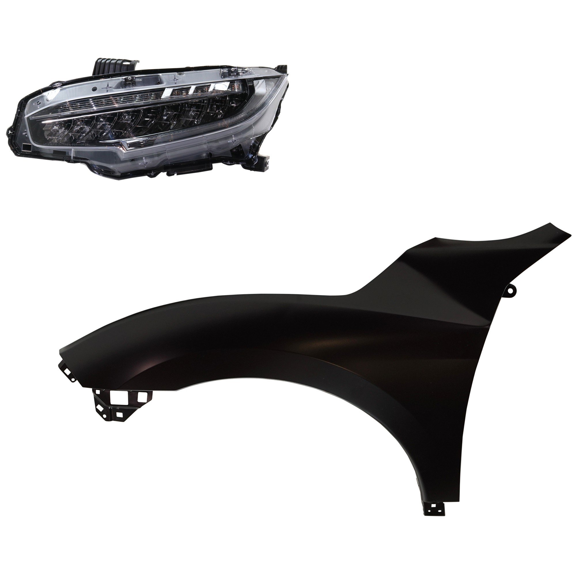 Headlight Assembly Kit for 2019 Honda Civic, Left (Driver) Side, LED, 2-Piece with Fender, Replacement