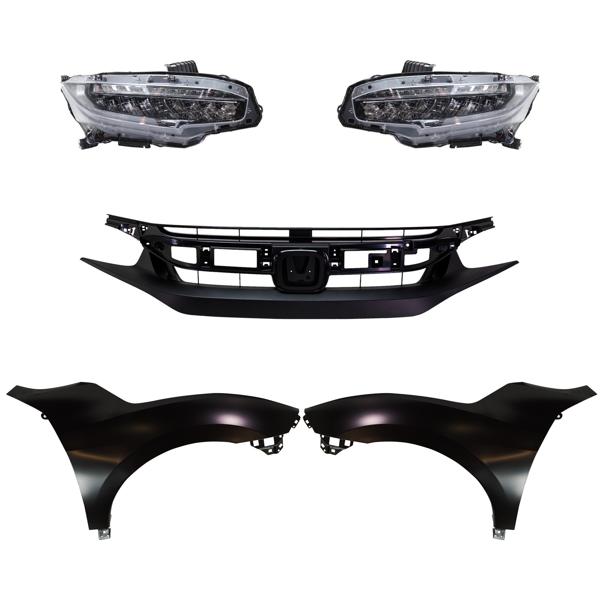 Headlight Assembly Kit for 2019 Honda Civic, Right (Passenger) and Left (Driver) LED Light, 5-Piece with Fenders and Grille, Replacement