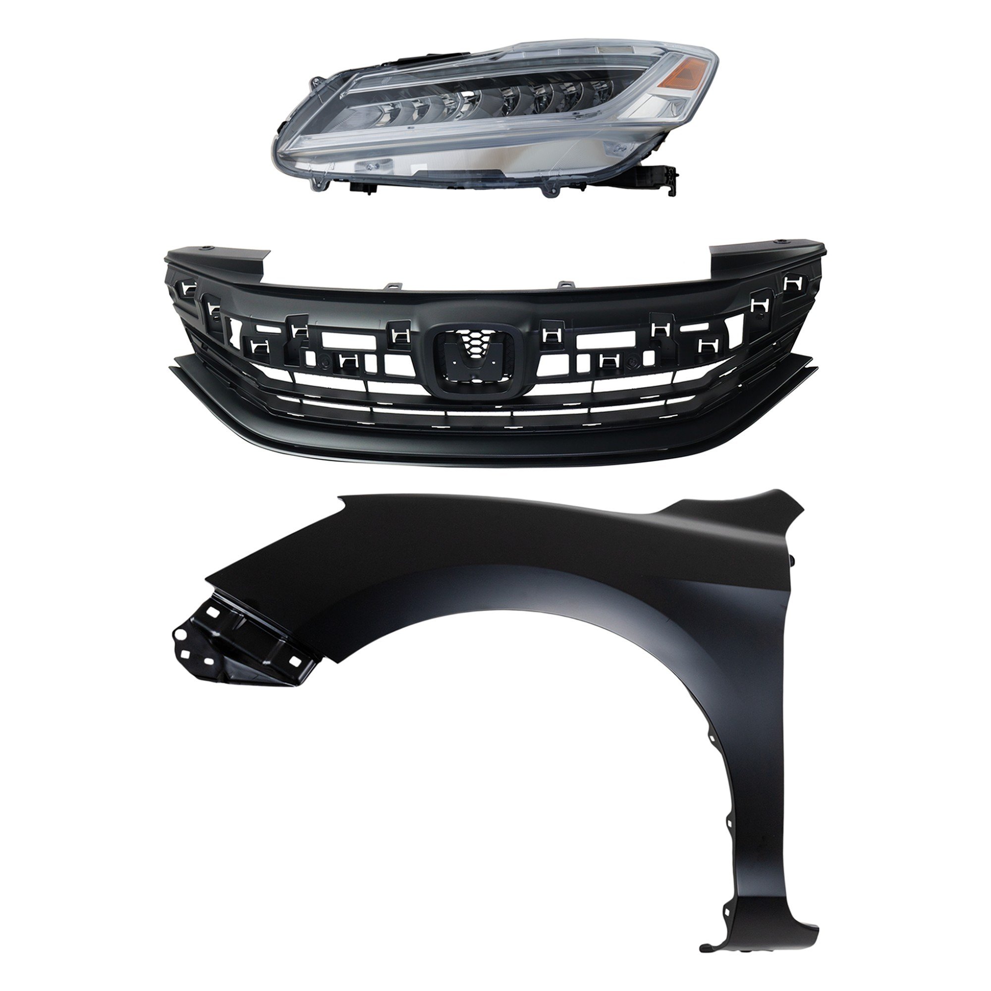 Headlight Assembly for 2016-2017 Honda Accord, Left (Driver) LED, 3-Piece Kit with Fender and Grille, Replacement