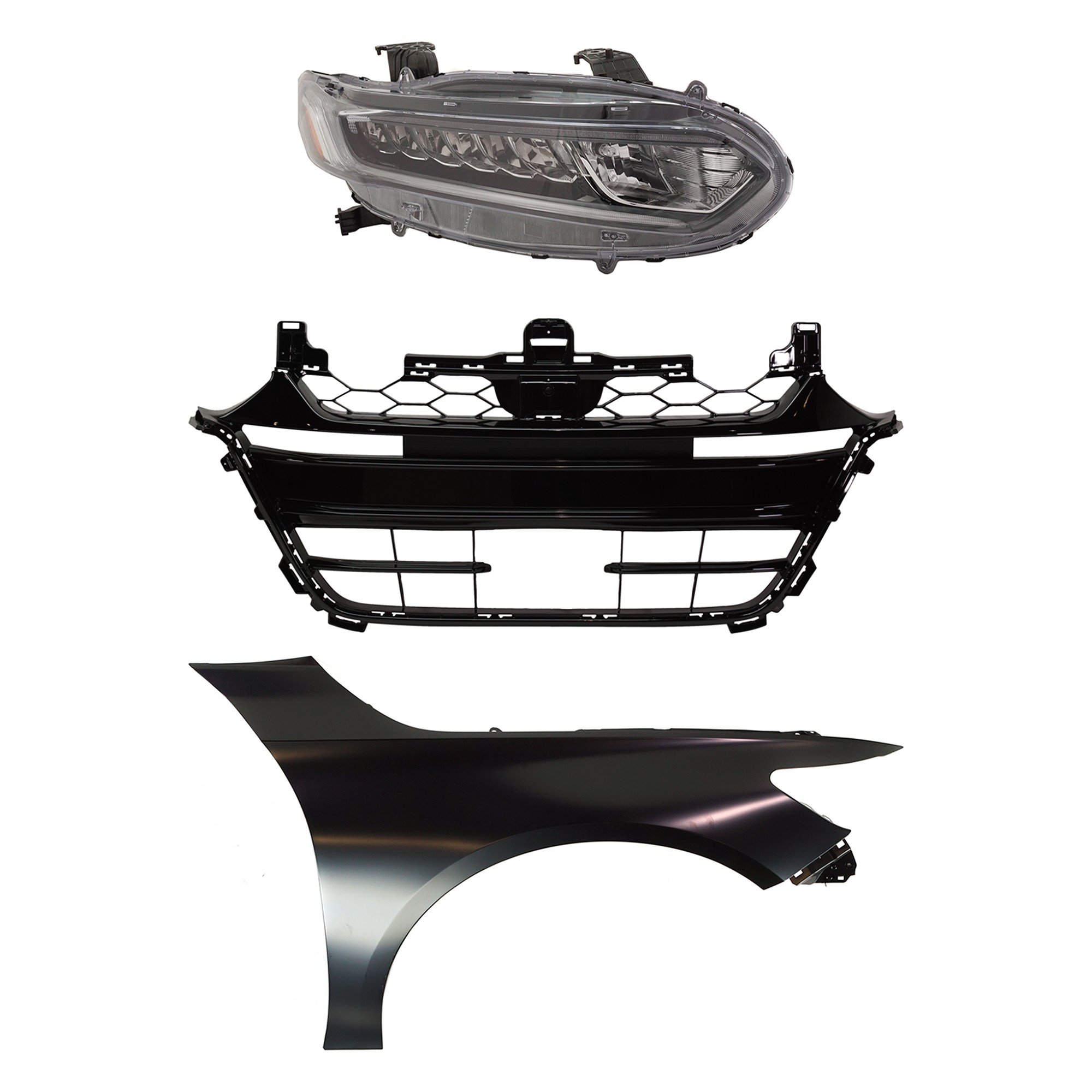 Headlight Assembly Kit for Honda Accord 2018-2020, Right (Passenger) Halogen, 3-Piece Kit, Includes Fender and Grille Assembly, Direct Replacement