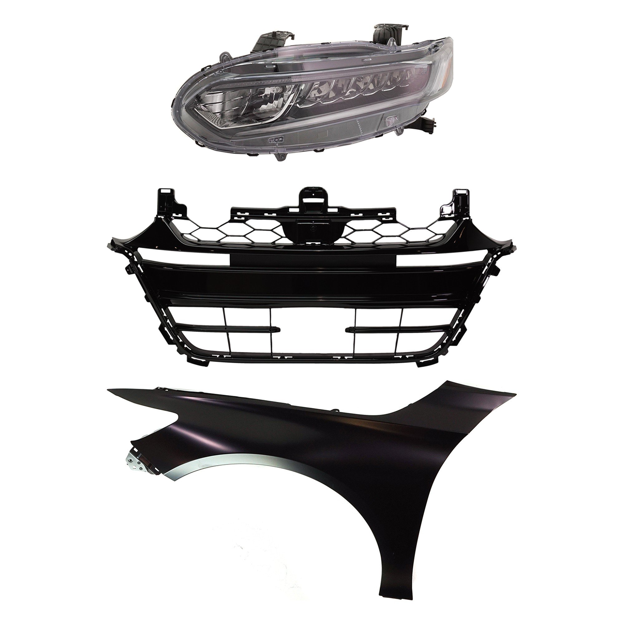 Headlight Assembly for HONDA ACCORD 2018-2020, Left (Driver), Halogen, 3-Piece kit with Fender and Grille Assembly, Replacement