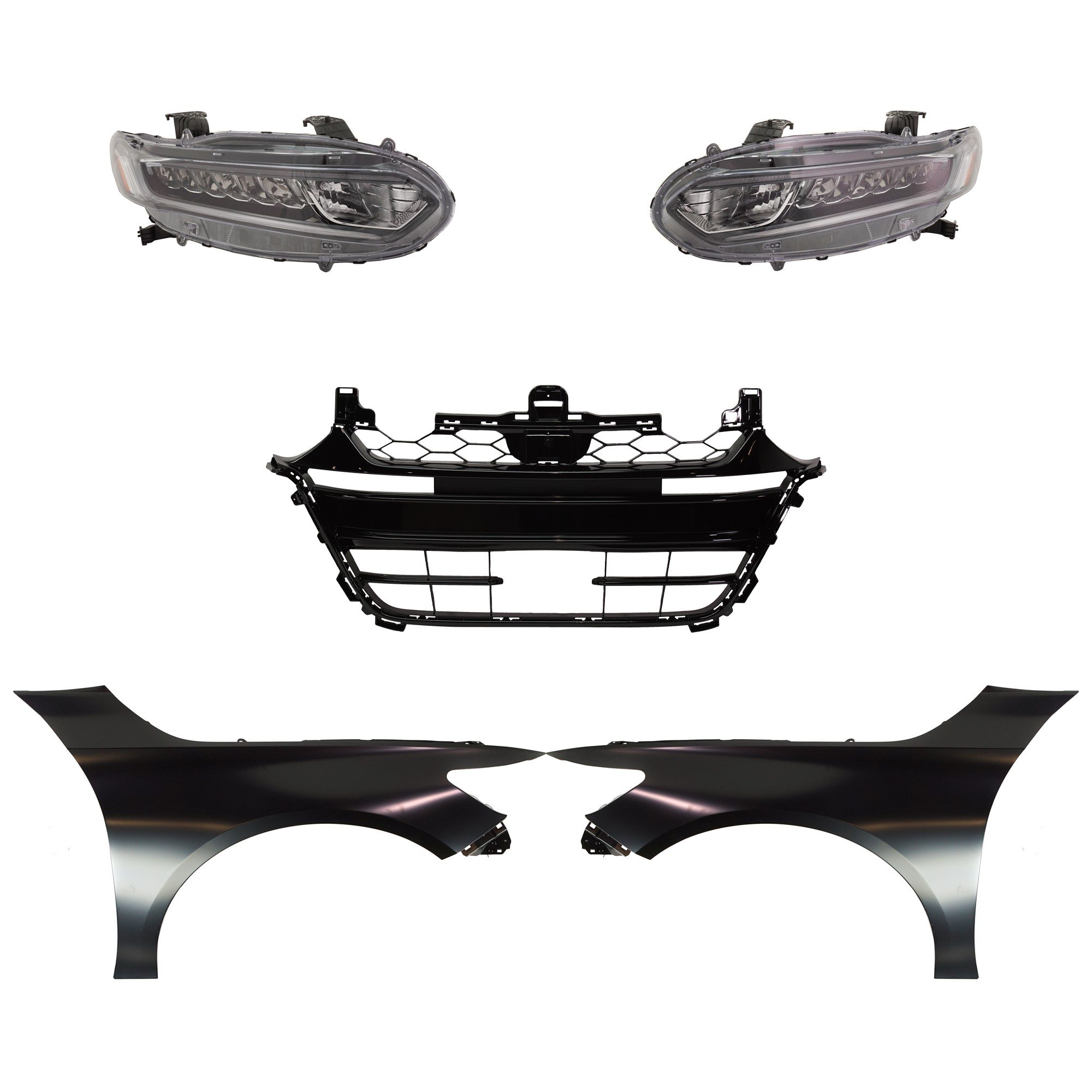 Headlight Assembly Kit for Honda Accord 2018-2020, Right (Passenger) and Left (Driver), Halogen, 5-Piece with Fenders and Grille Assembly, Replacement