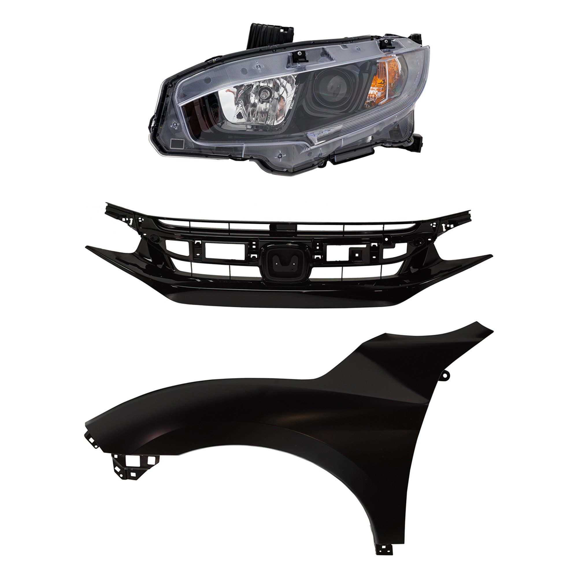 Headlight Assembly Kit for 2019-2021 Honda Civic, Left (Driver) Side, Halogen, 3-Piece with Fender and Grille, Replacement