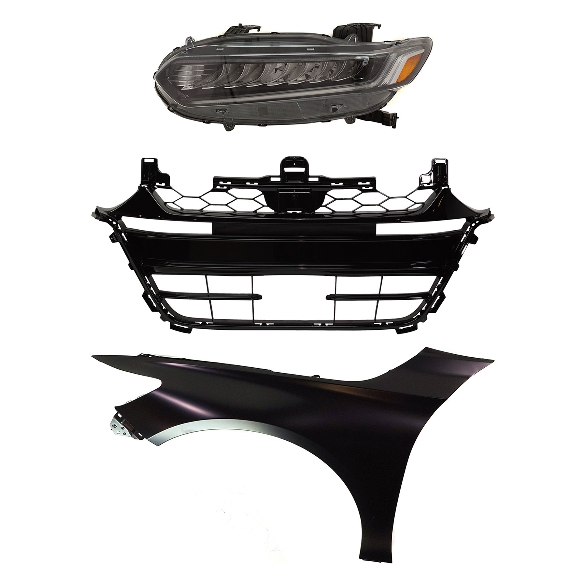 Headlight Assembly Kit for 2018-2020 Honda Accord, Left (Driver) LED, 3-Piece with Fender and Grille Assembly Replacement