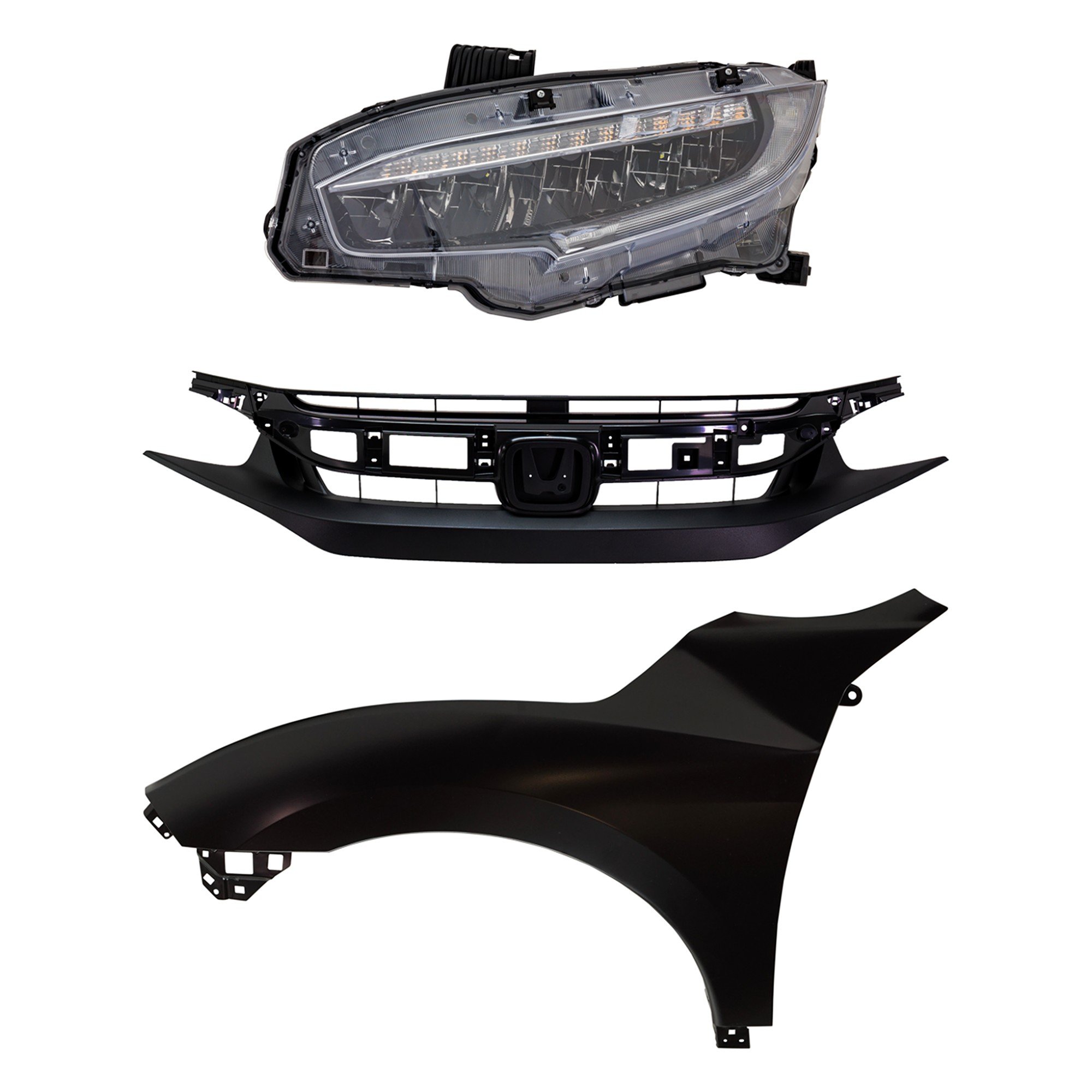 Headlight Assembly Kit for Honda Civic 2019, Left (Driver) LED, 3-Piece including Fender and Grille Assembly, Replacement