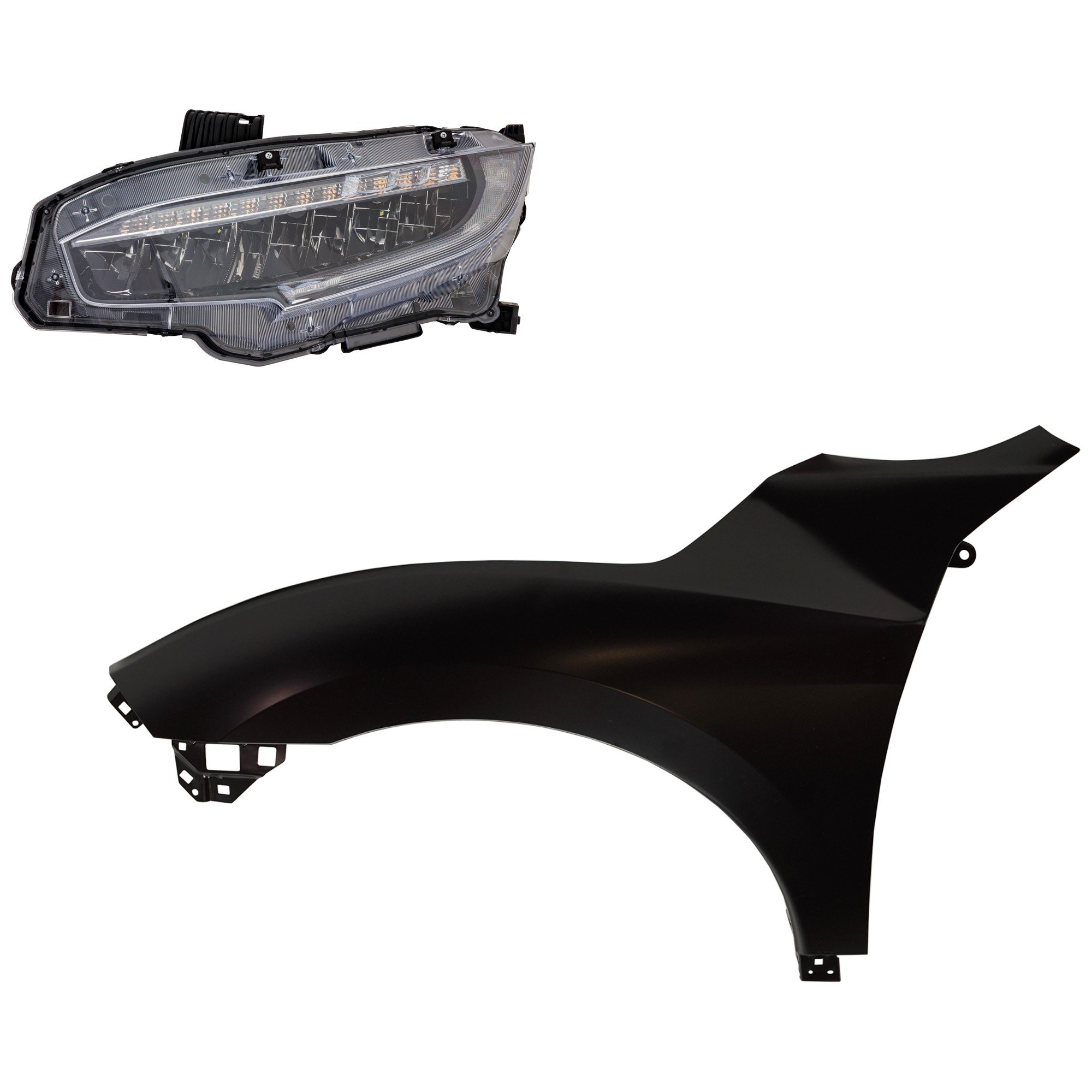 Headlight Assembly Kit for 2019 Honda Civic, Left (Driver) LED, 2-Piece Kit with Fender, Replacement