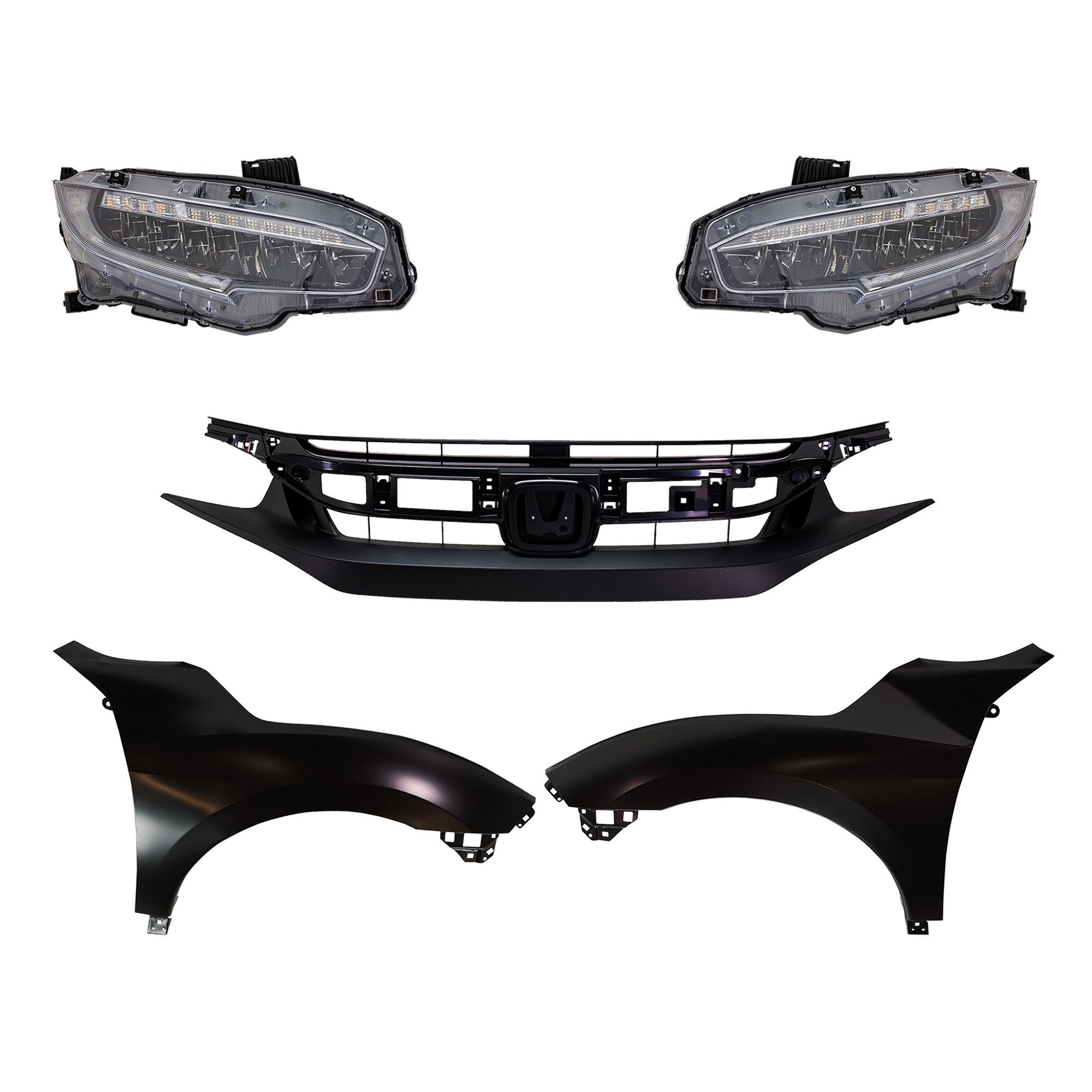 Headlight Assembly Kit for Honda Civic 2019-2019, Includes Left (Driver) and Right (Passenger) LED Headlights, 5-Piece with Fenders and Grille Assembly, Replacement